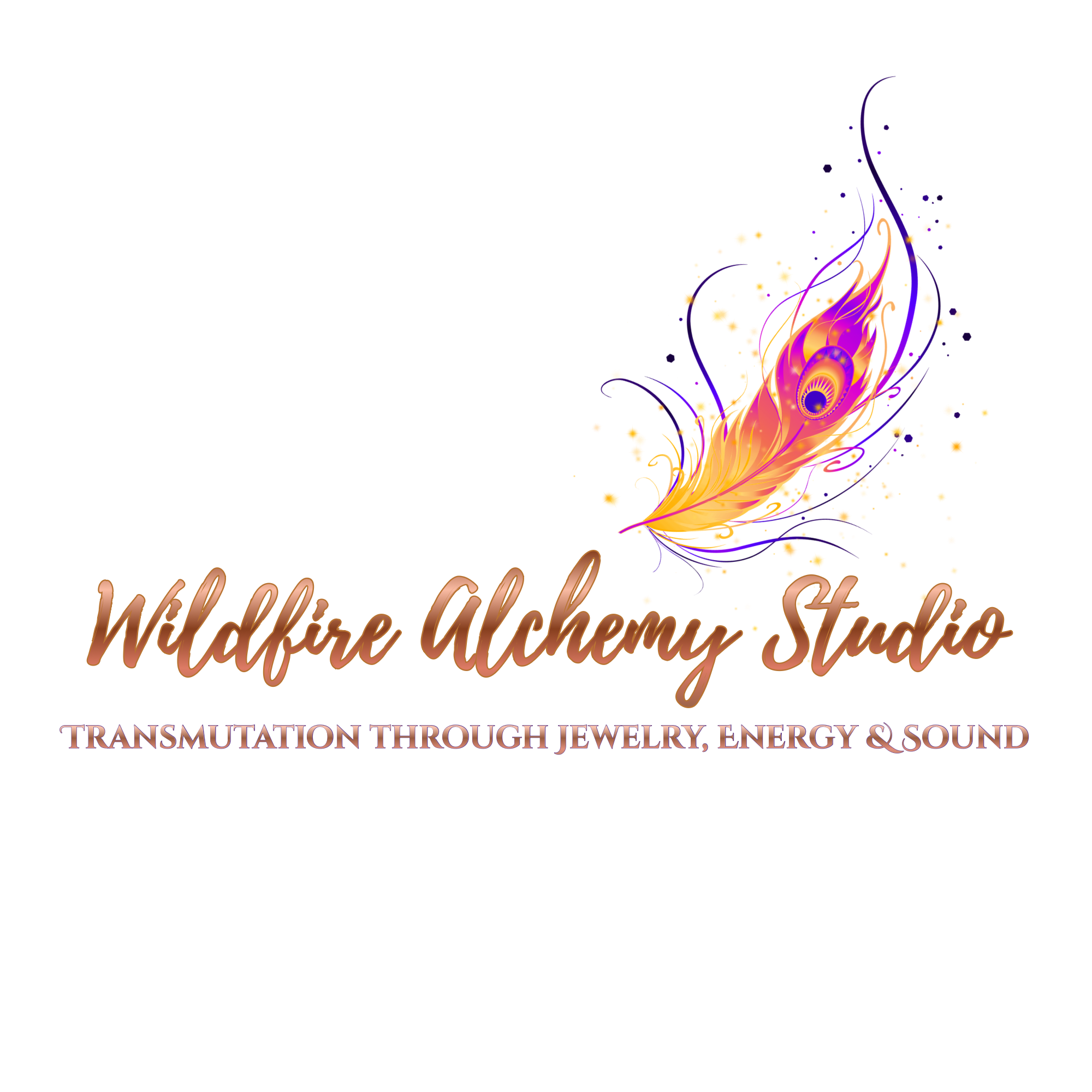 Logo for Wildfire Alchemy Studio featuring a vibrant, colorful peacock feather and text that reads "Wildfire Alchemy Studio" with a tagline 'Transmutation Through Jewelry, Energy & Sound'.