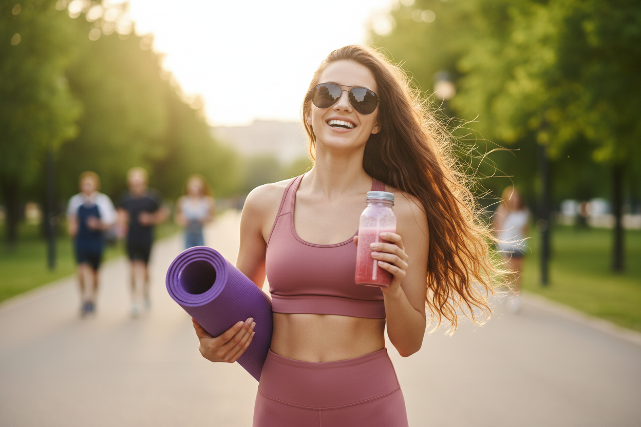 A woman in athletic wear holding a yoga mat and a water bottle, smiling in a park with trees and other people walking in the background.