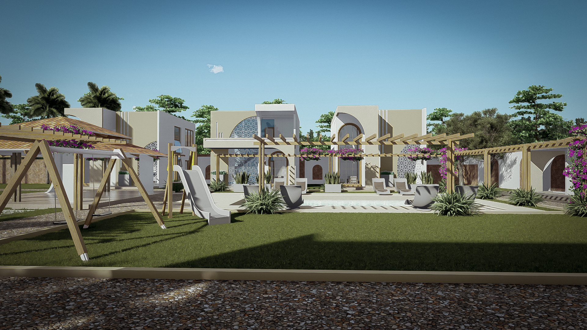 Área de jardín con resbaladillas de plástico, columpios de madera, sillas reclinables, pérgolas con flores y casas modernas en un entorno verde con árboles y cielo despejado.