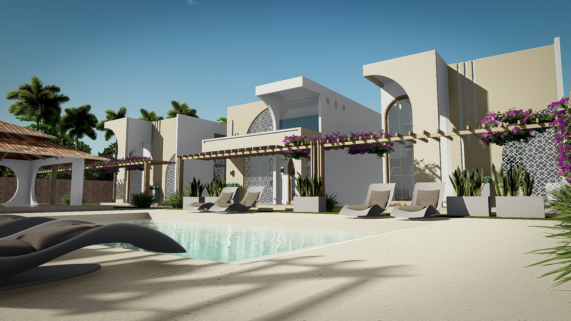 Villa moderna con piscina y tumbonas en un entorno soleado con vegetación tropical y cielo despejado.