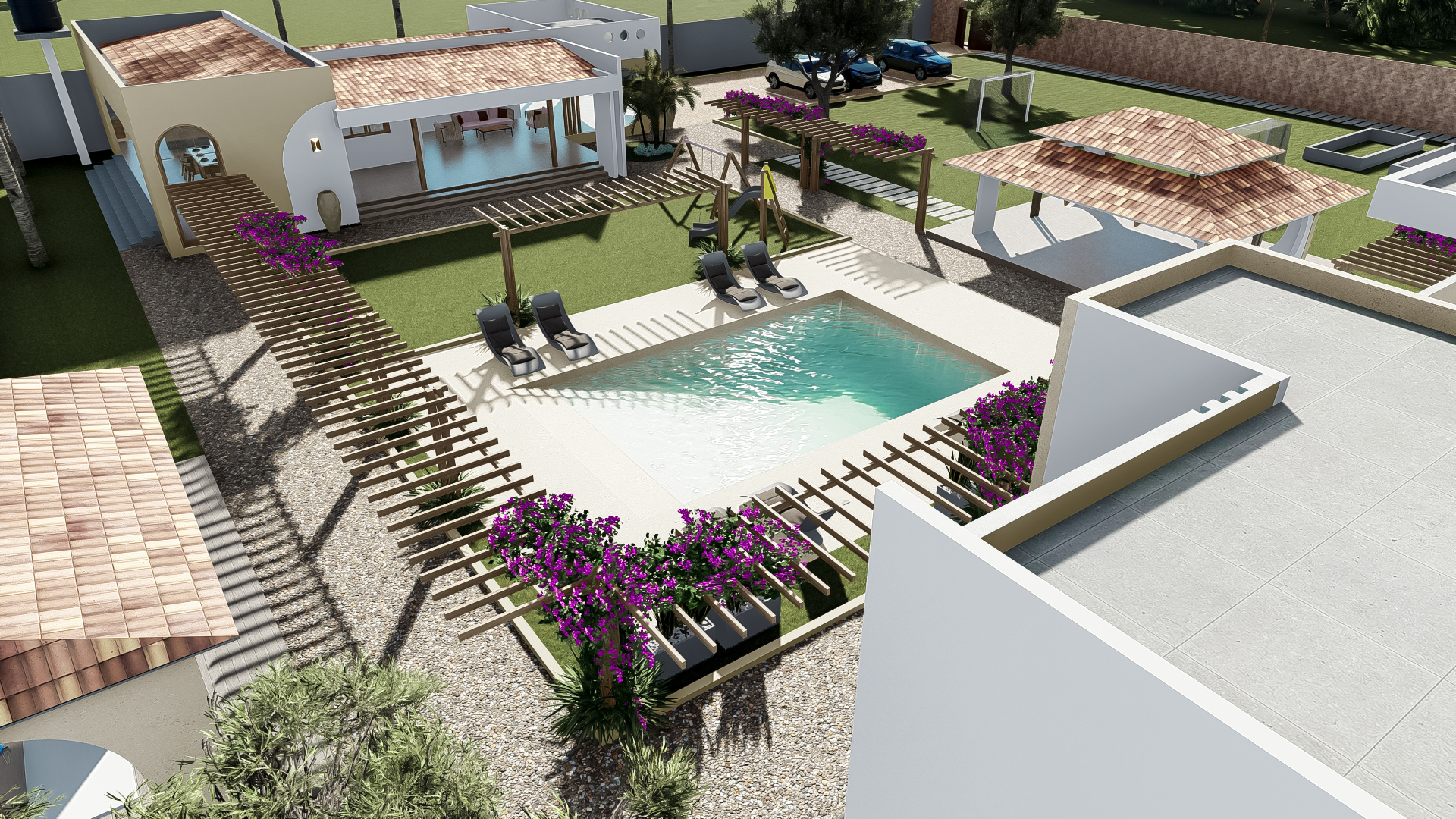 Vista aérea de un patio con piscina, áreas de descanso, zonas verdes, pérgolas y un área de juegos para niños, en un entorno residencial.