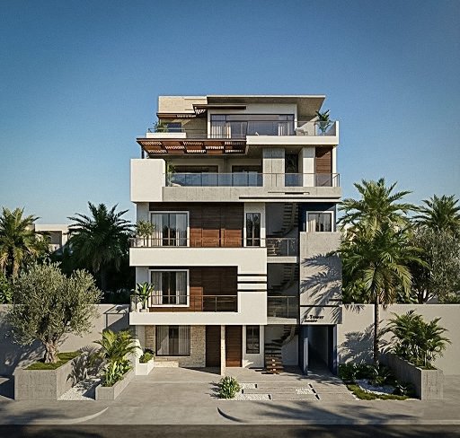 Edificio moderno de varias plantas con balcones y ventanas grandes, rodeado de palmeras y vegetación