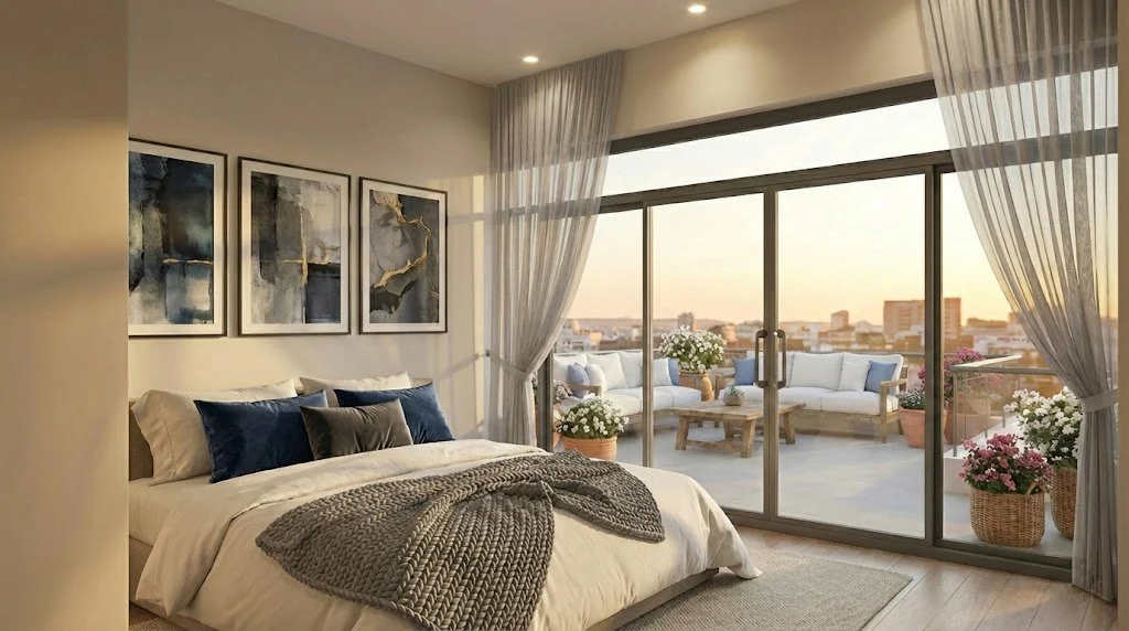 Habitación moderna con cama, arte abstracto en la pared, cortinas de encaje y balcón con sillones, plantas y vista urbana al atardecer.