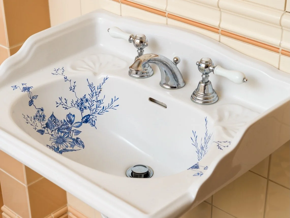 Restored bathroom basin fitted with new chrome taps