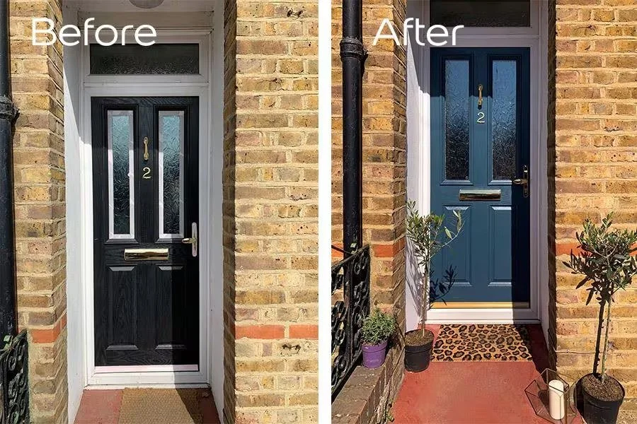 Before and after repainting a front door from black to dark blue