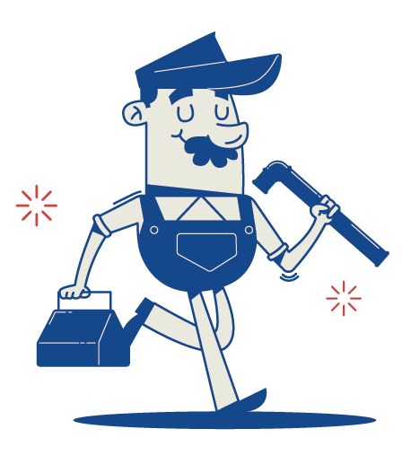 Illustration of a handyman walking with a toolbox and a large wrench