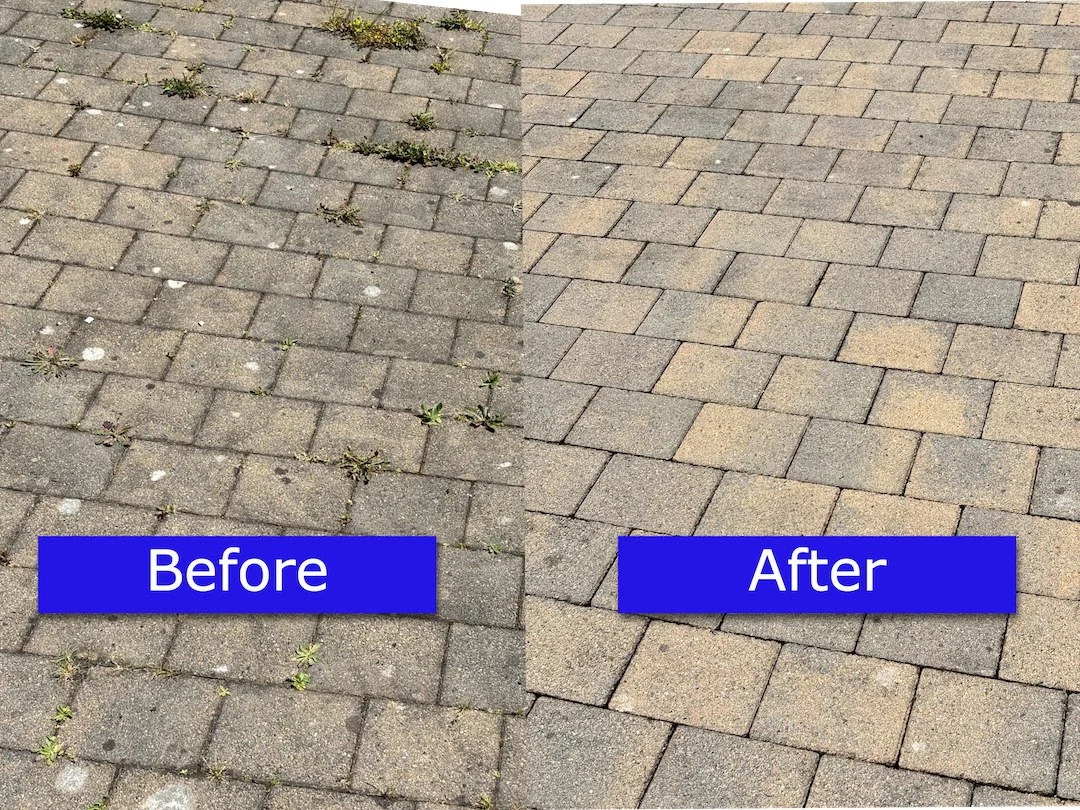 Before and after power washing a block-paved driveway, with weeds and staining removed