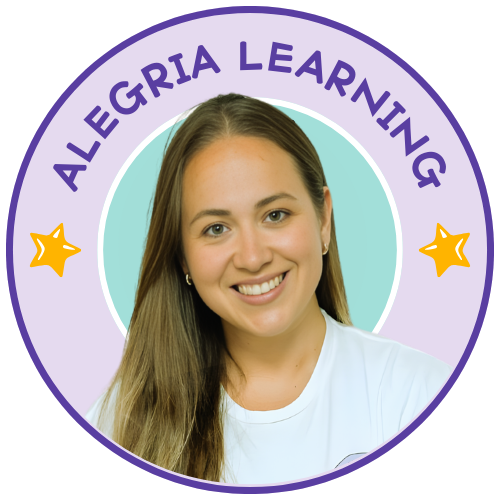A young woman with long brown hair smiling, wearing a white shirt, in a circular badge with purple and turquoise colors, with the text 'Allegoria Learning' and two yellow star icons.
