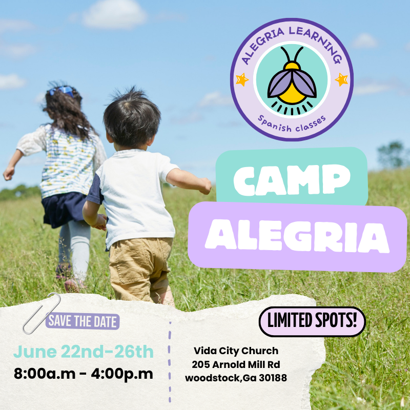 Children running in a grassy field with blue sky, promoting Camp Alegria, a Spanish classes event, with schedules, location, and limited spots notice.