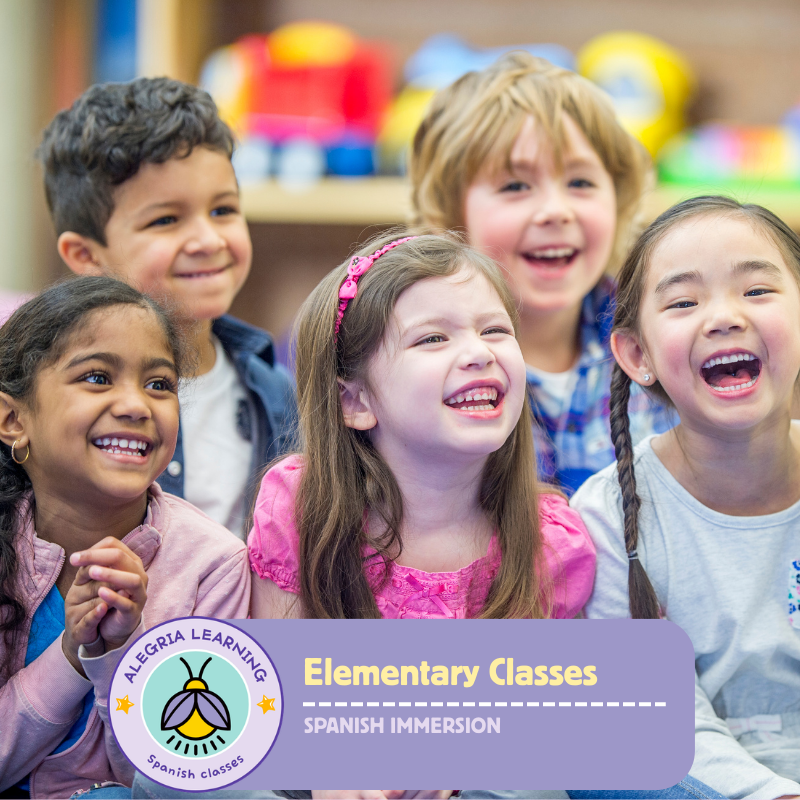 A group of five children smiling and laughing in a classroom with educational toys in the background, promoting elementary Spanish immersion classes.
