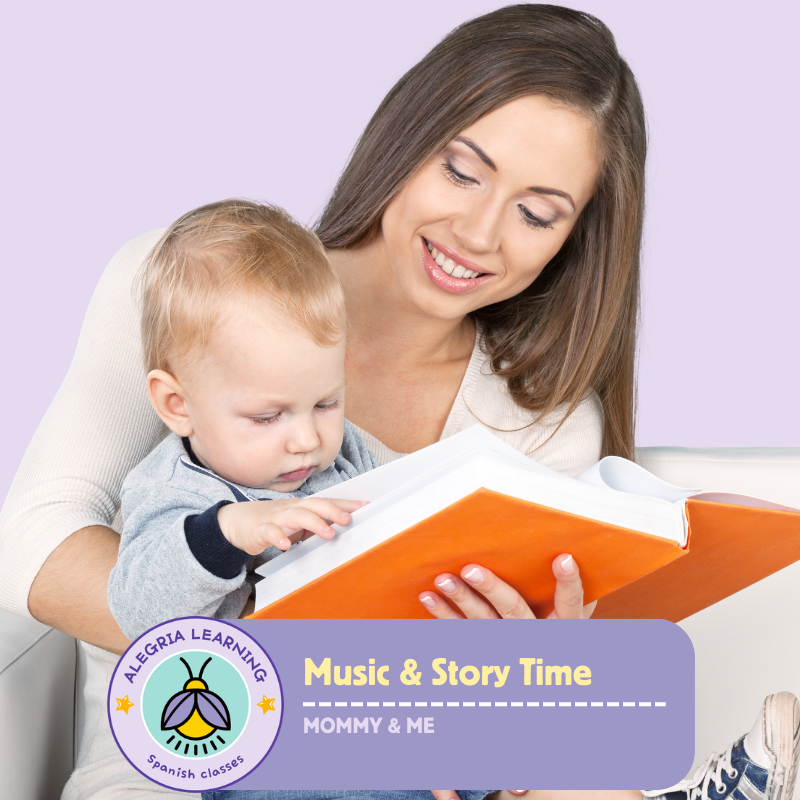 A woman and a young child reading a book together. The woman is smiling while the child looks at the book with focus. There is a purple banner at the bottom with the text 'Music & Story Time, Mommy & Me' and a logo for Alegria Learning Spanish Classes.