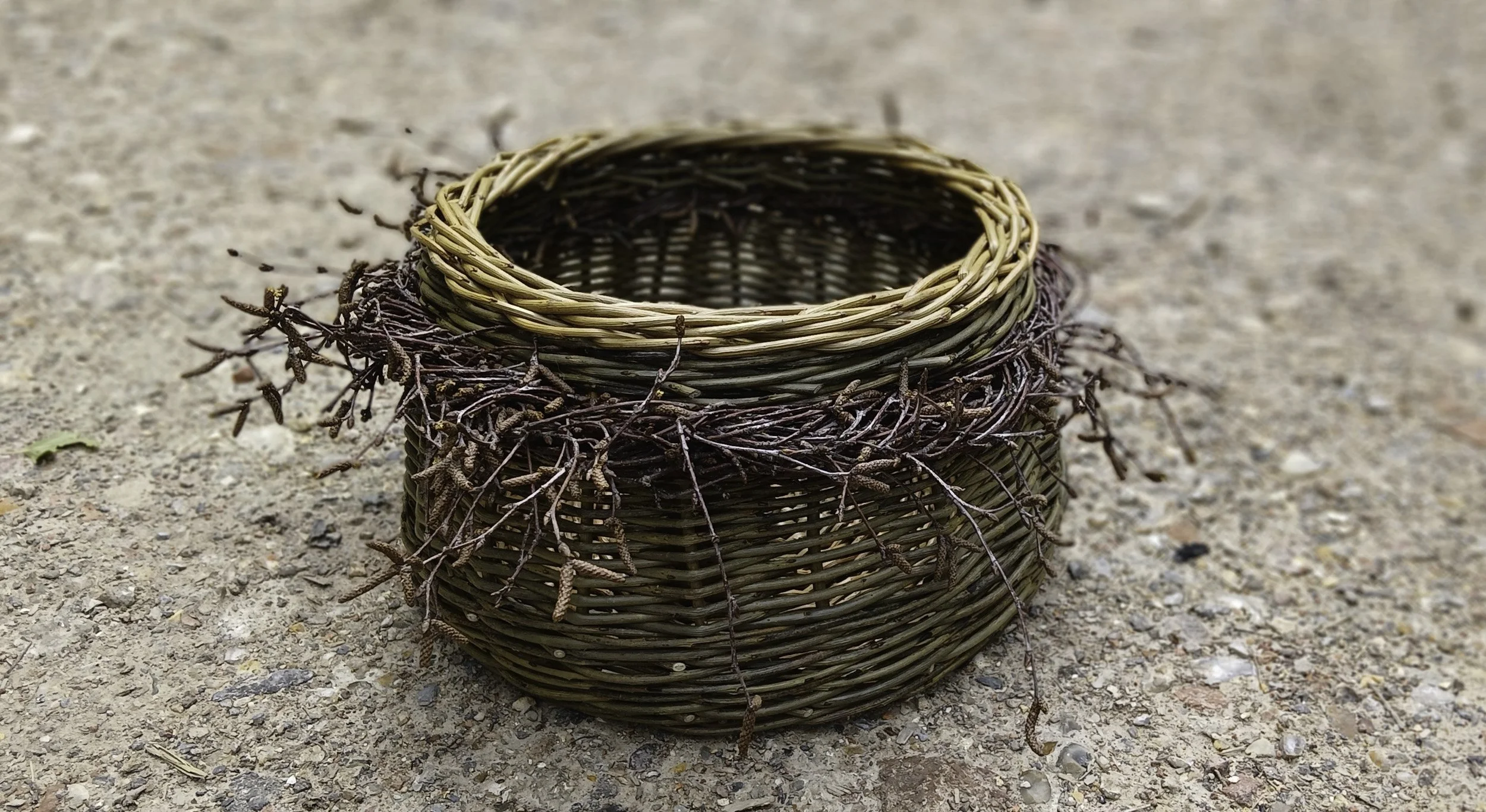 A small round basket sits on sandy ground with twigs and dried plant material around it.