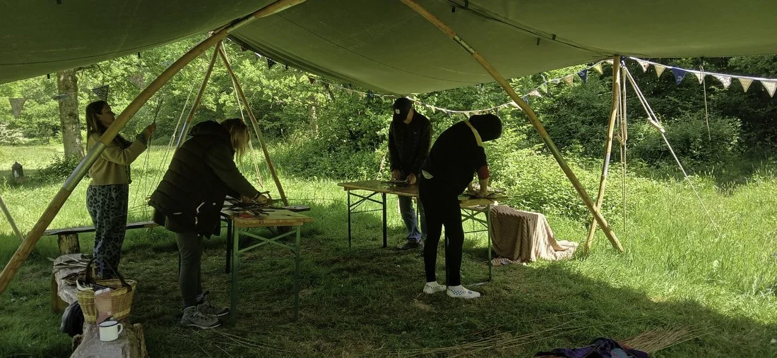 Four people decorating cupcakes under a large outdoor tent set up in a grassy area with tall trees in the background.