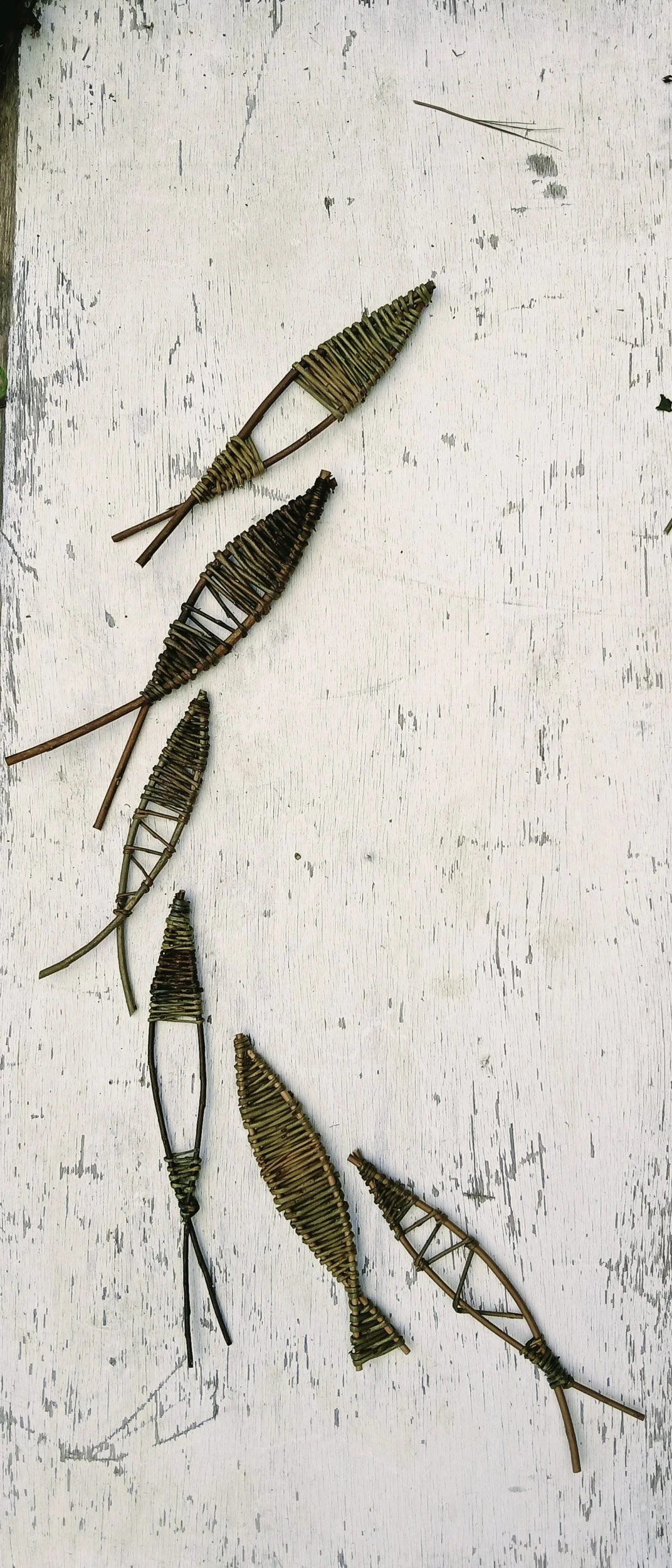Multiple woven twig or reed leaves arranged diagonally on a white wooden surface.