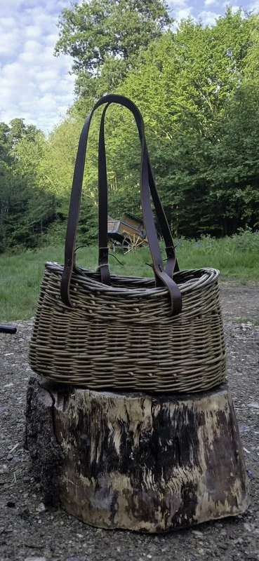 A woven wicker basket with leather straps resting on a tree stump outdoors in a park or forested area with green trees and a blue sky in the background.