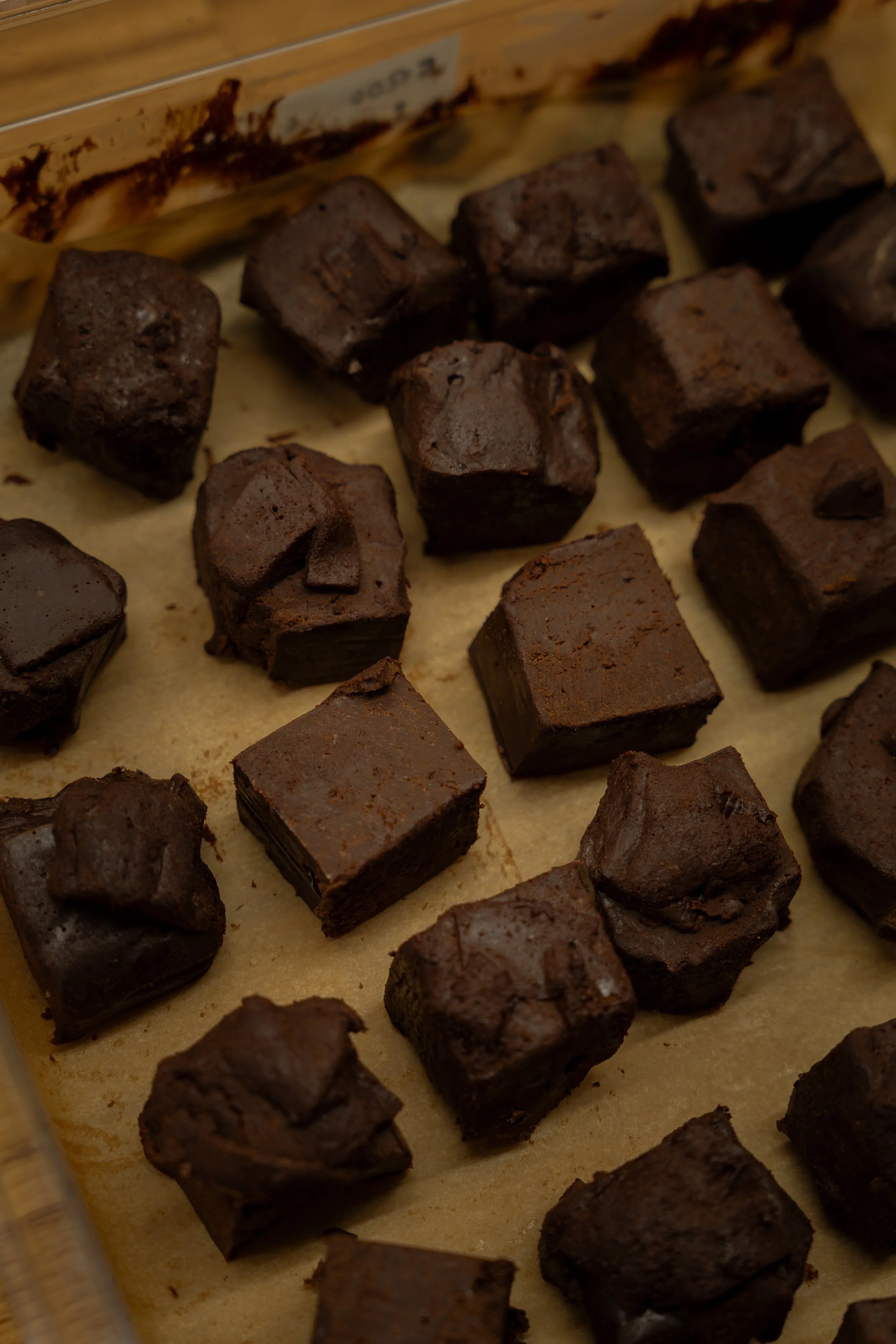 Close-up of several small, square-shaped pieces of chocolate fudge brownie on a parchment-lined baking sheet.