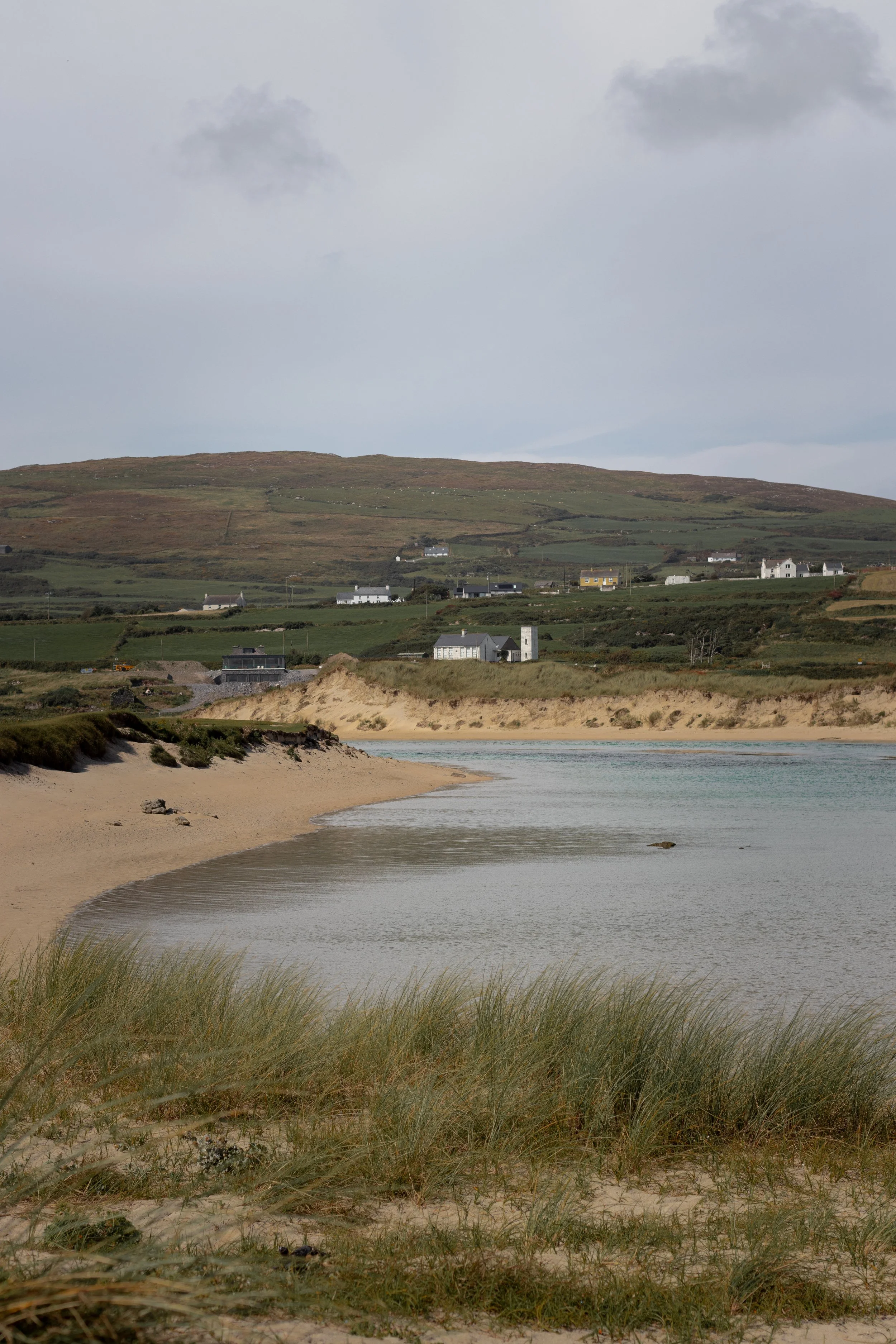 A coastal landscape showing sandy beach, grassy dunes, and a calm body of water under a cloudy sky, with hills and houses in the background in Ireland.
