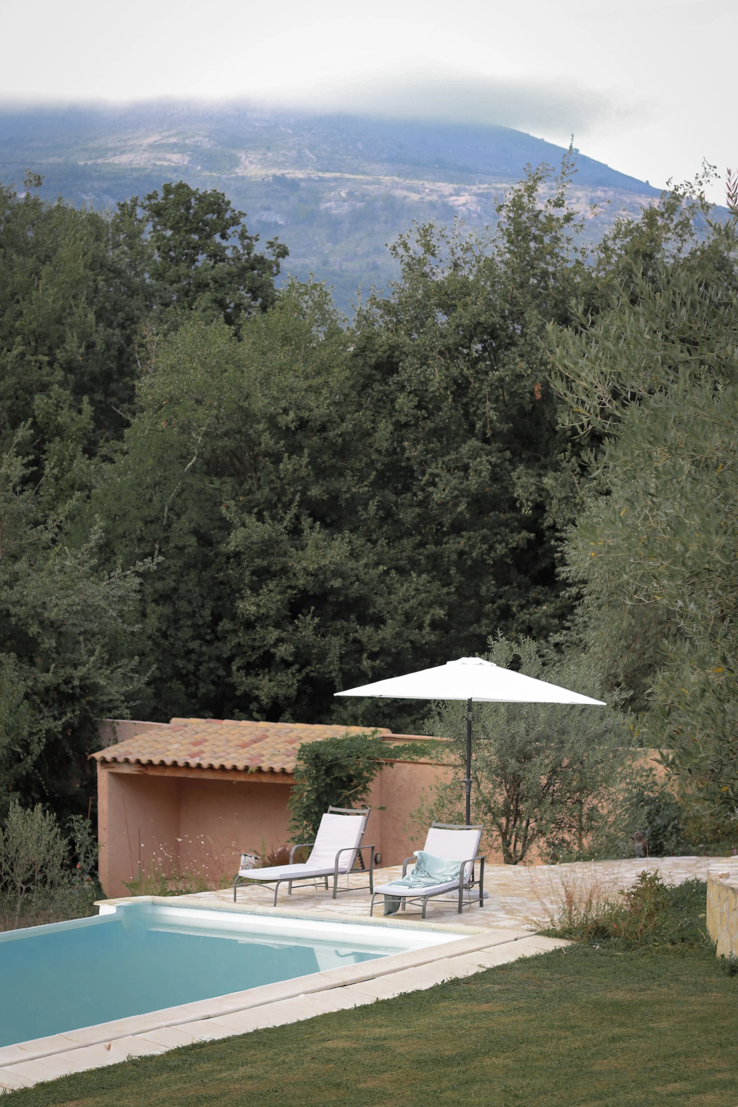 A backyard with a swimming pool, lounge chairs, and a large umbrella. There is a stucco building with a tiled roof and dense green trees and bushes surrounding the area. In the background, a mountain with clouds covering its peak is visible.