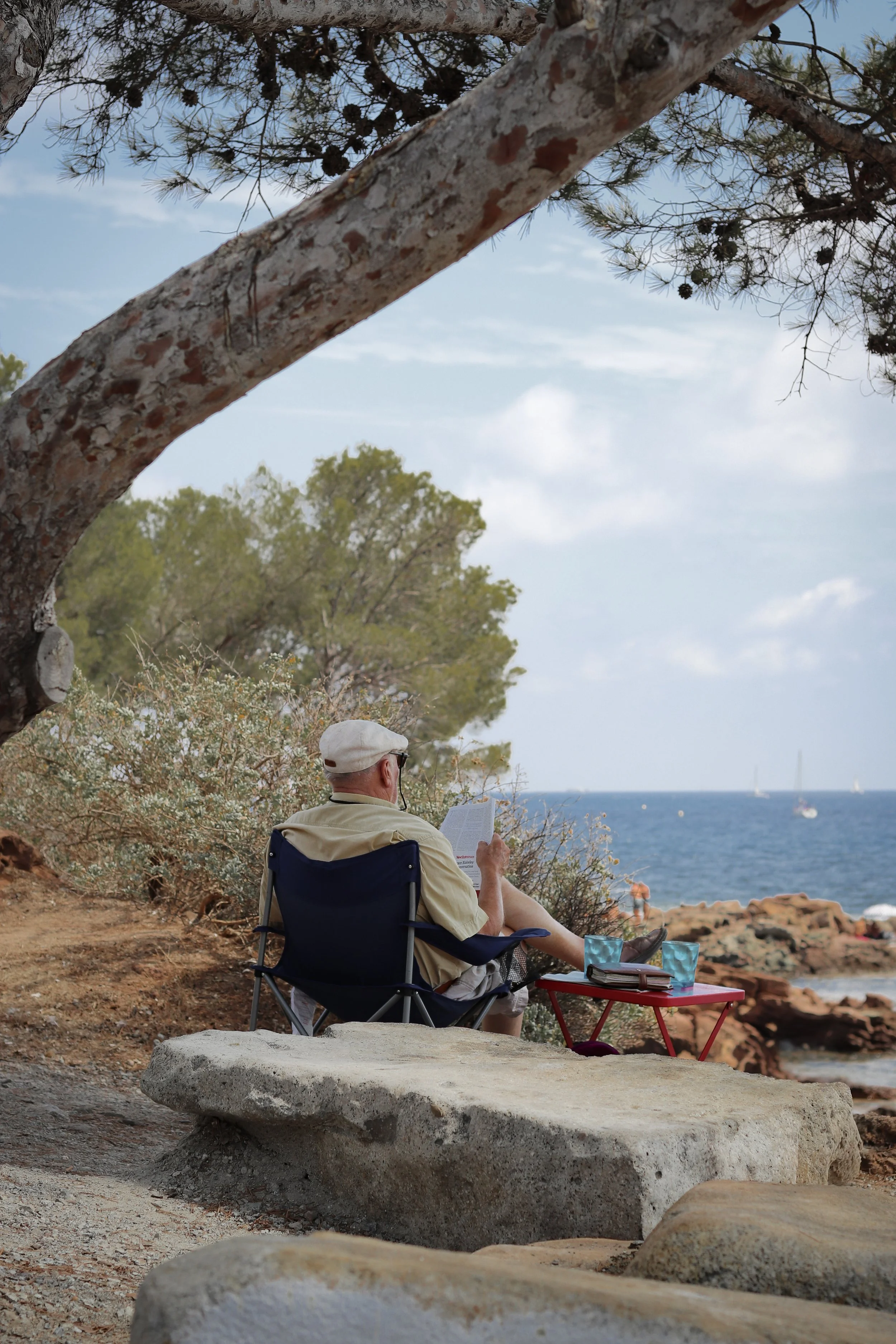 An elderly man with white hair and glasses sitting on a camping chair on a rocky beach, reading a newspaper. He is under a large tree with pinecones, overlooking the ocean with several sailboats in the distance. There is a small red table with two gl
