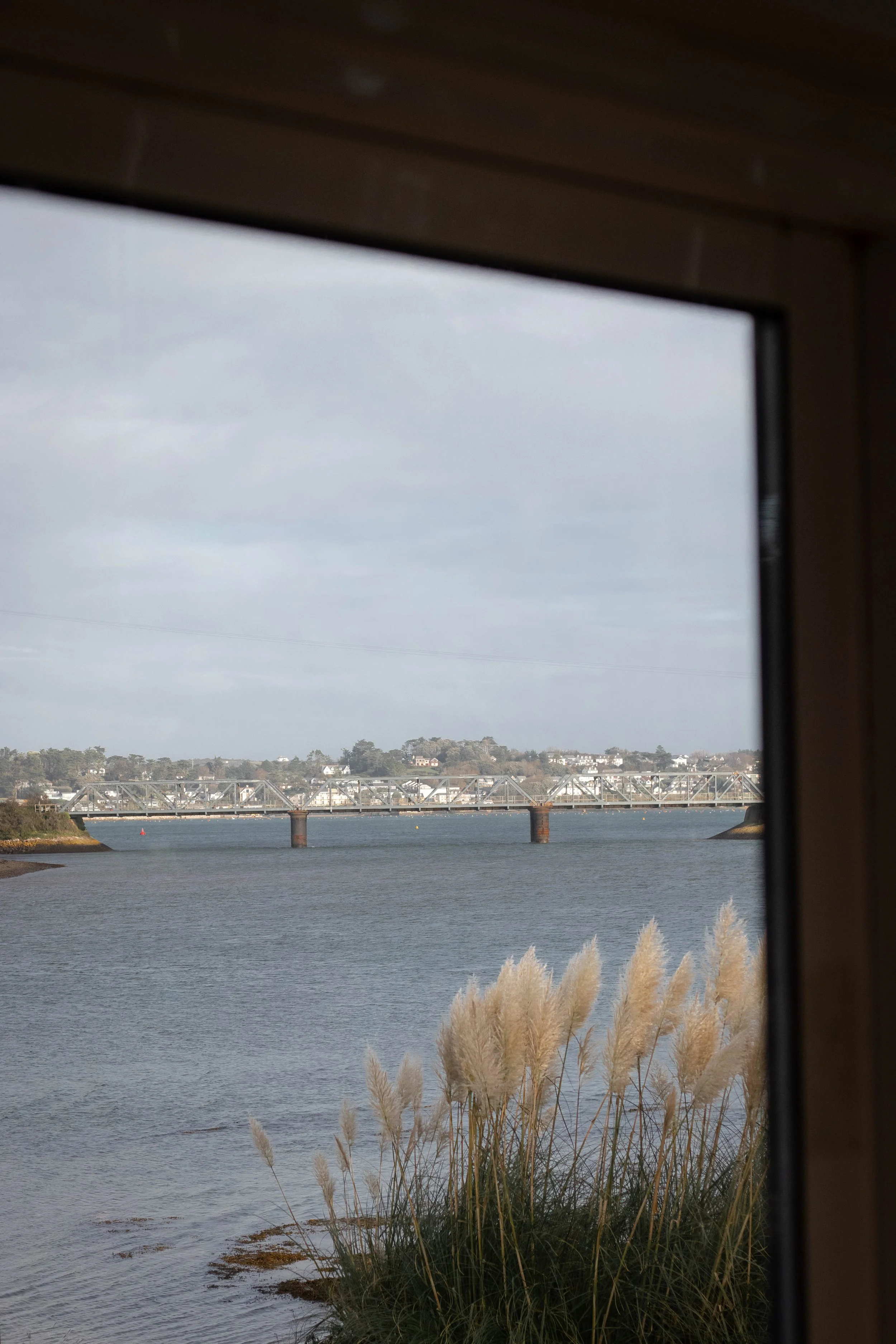 View of a river with a bridge in the distance, tall grasses in the foreground, and houses on a hill in the background, seen through a window in Cornwall, United Kingdom.