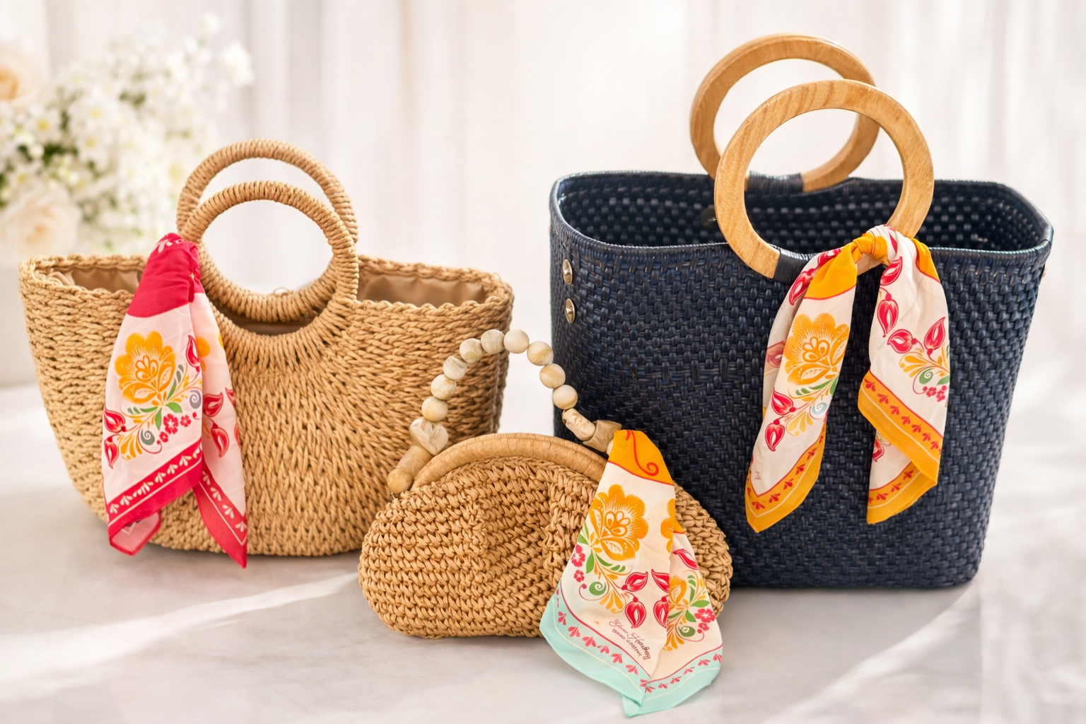 3 Woven handbags with PINK ORANGE AND TIFFANY scarves.png