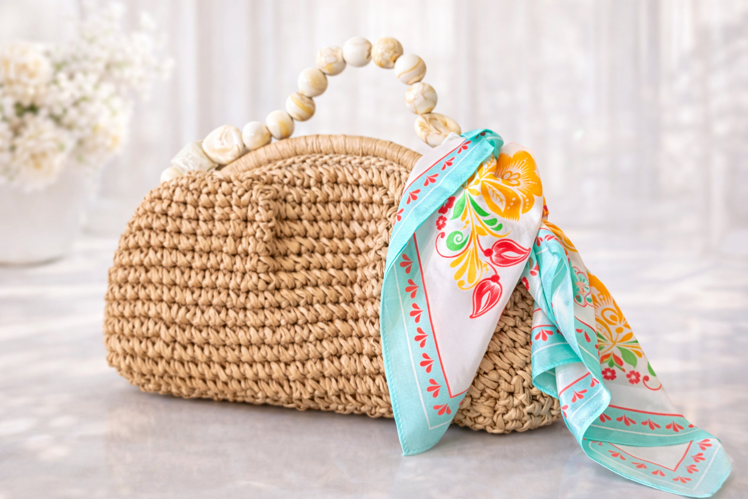 Woven straw handbag with  TIFFANY scarf.png