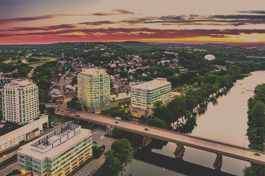 Aerial view of Conshohocken, PA. If you're looking to sell your Conshohocken home or buy a home in Conshohocken, contact Philly Realtor Mikey Parisano.
