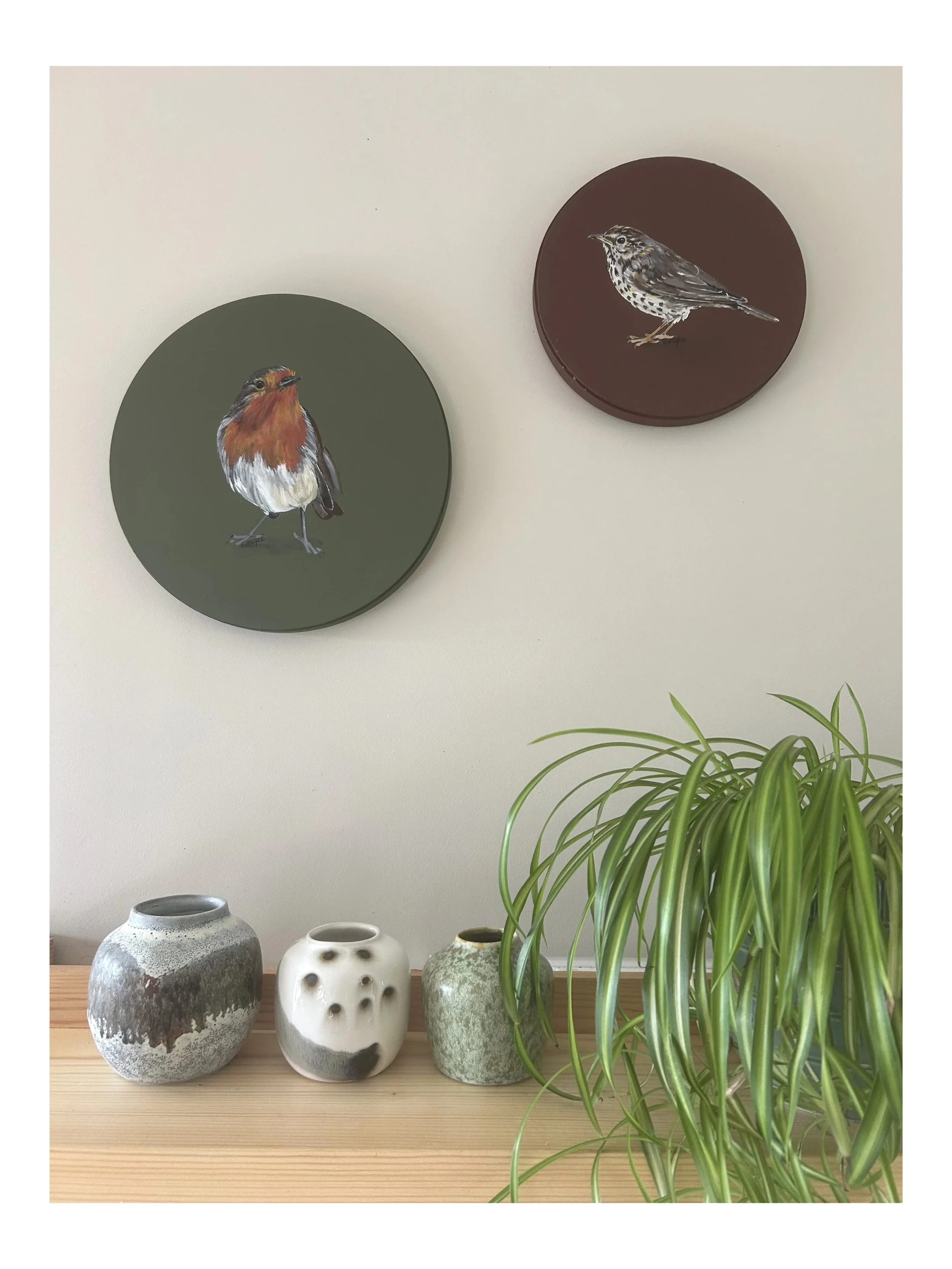 Decorative ceramic vases and a green leafy houseplant on a wooden shelf, with two round wall art pieces depicting birds on a cream-colored wall.