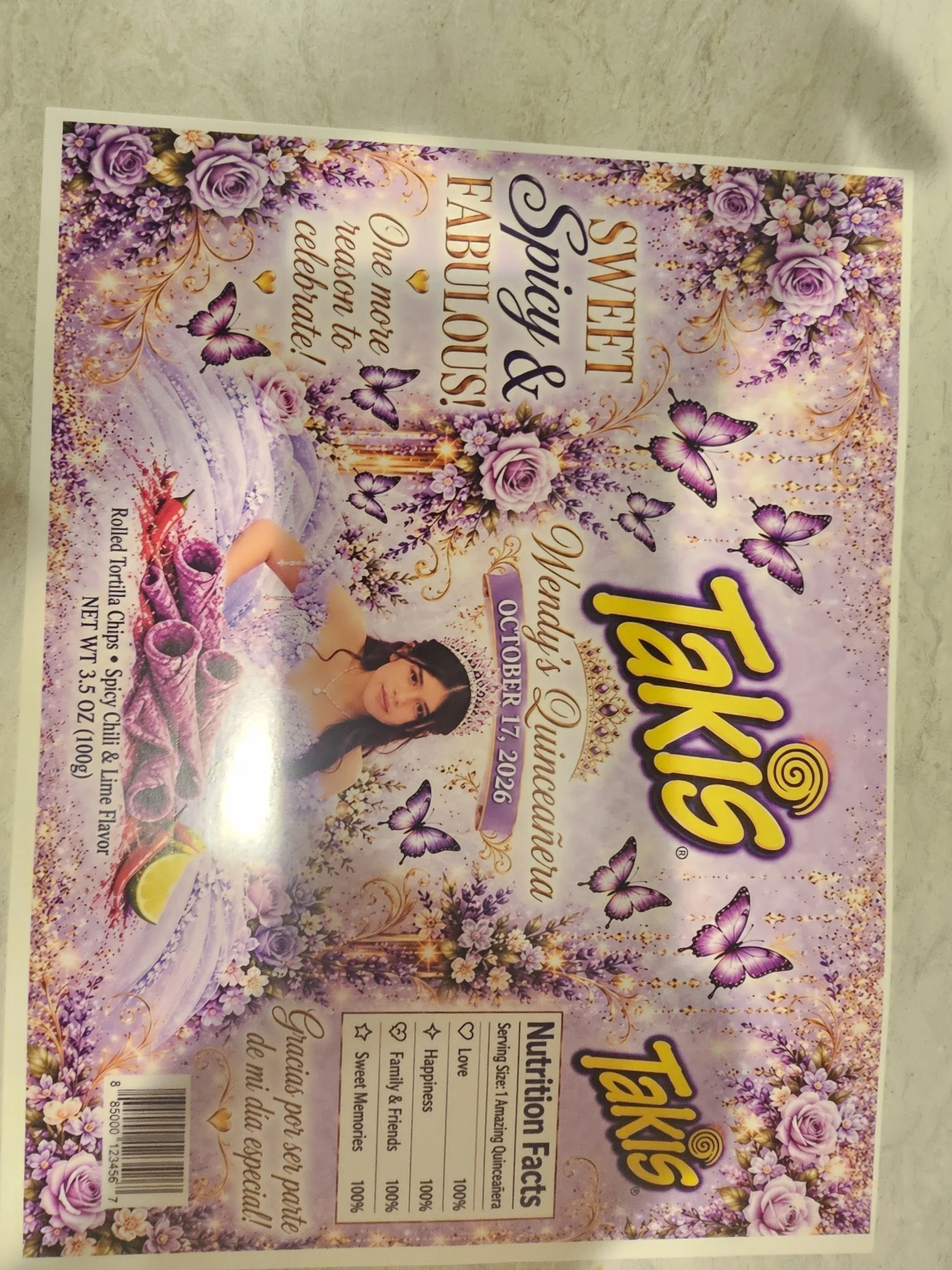 Full custom chip bag design for a quinceañera in Columbia TN – personalized event merch by Veach's Tennessee Touch