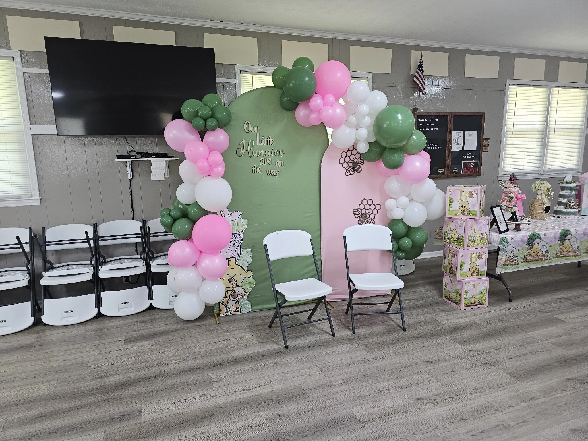 Winnie the Pooh baby shower balloon backdrop and dessert table by Veach's Tennessee Touch
