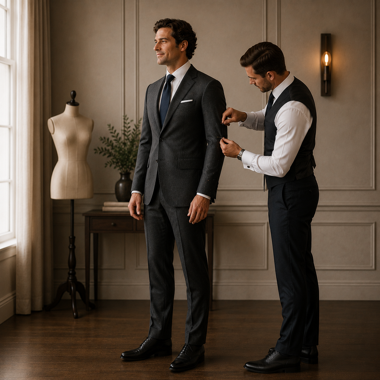 A man in a dark gray suit standing in a room while another man in a vest and white shirt adjusts his sleeve or cufflinks.
