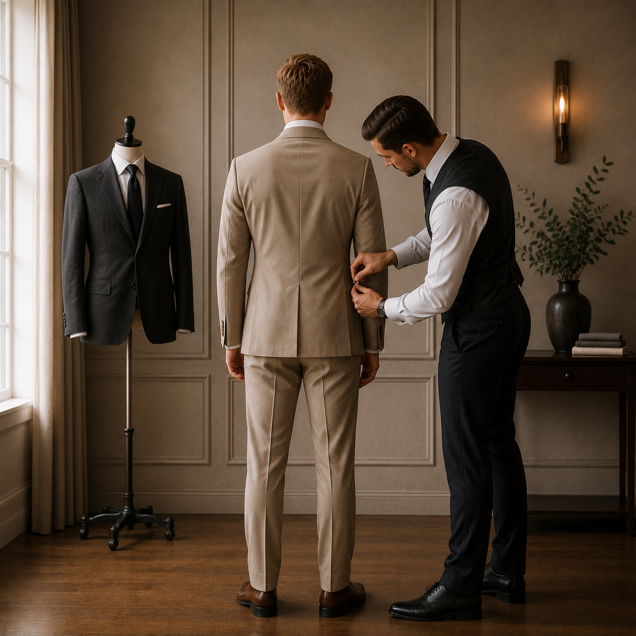 A man in a beige suit is getting fitted by a tailor in a black vest and white shirt. A black suit is on a mannequin to their left, in a room with beige walls, a window, and a wooden table with a plant and books.