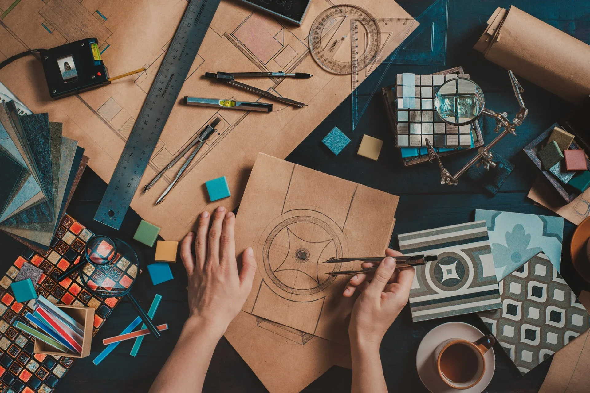 A person is drawing a circular design on a piece of brown paper, with a workspace full of drafting tools, tiles, color samples, and materials for interior design or architecture surrounding them.