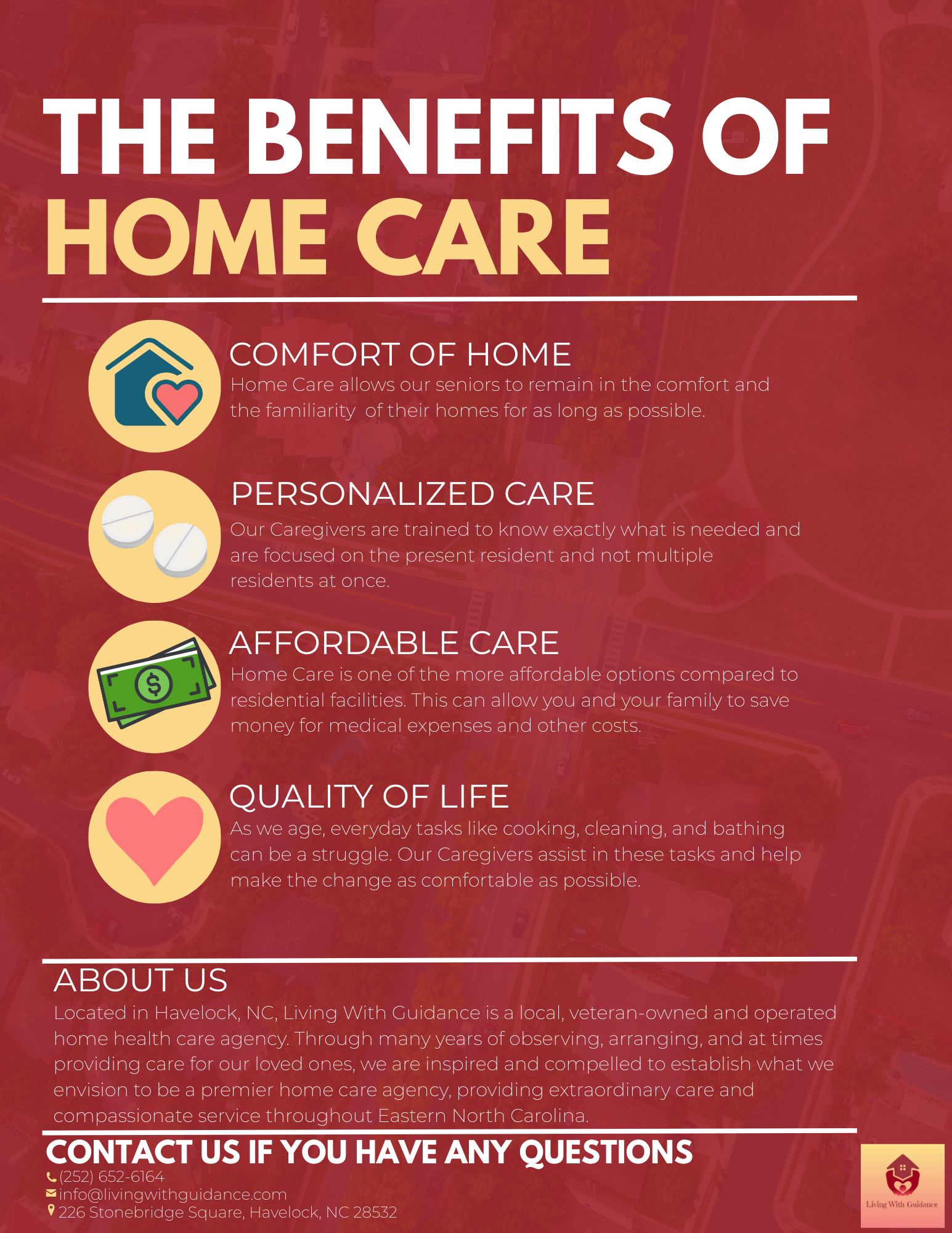 An infographic highlighting the benefits of home care, including comfort of home, personalized care, affordable care, and quality of life, with icons and a background of an aerial view of a neighborhood.