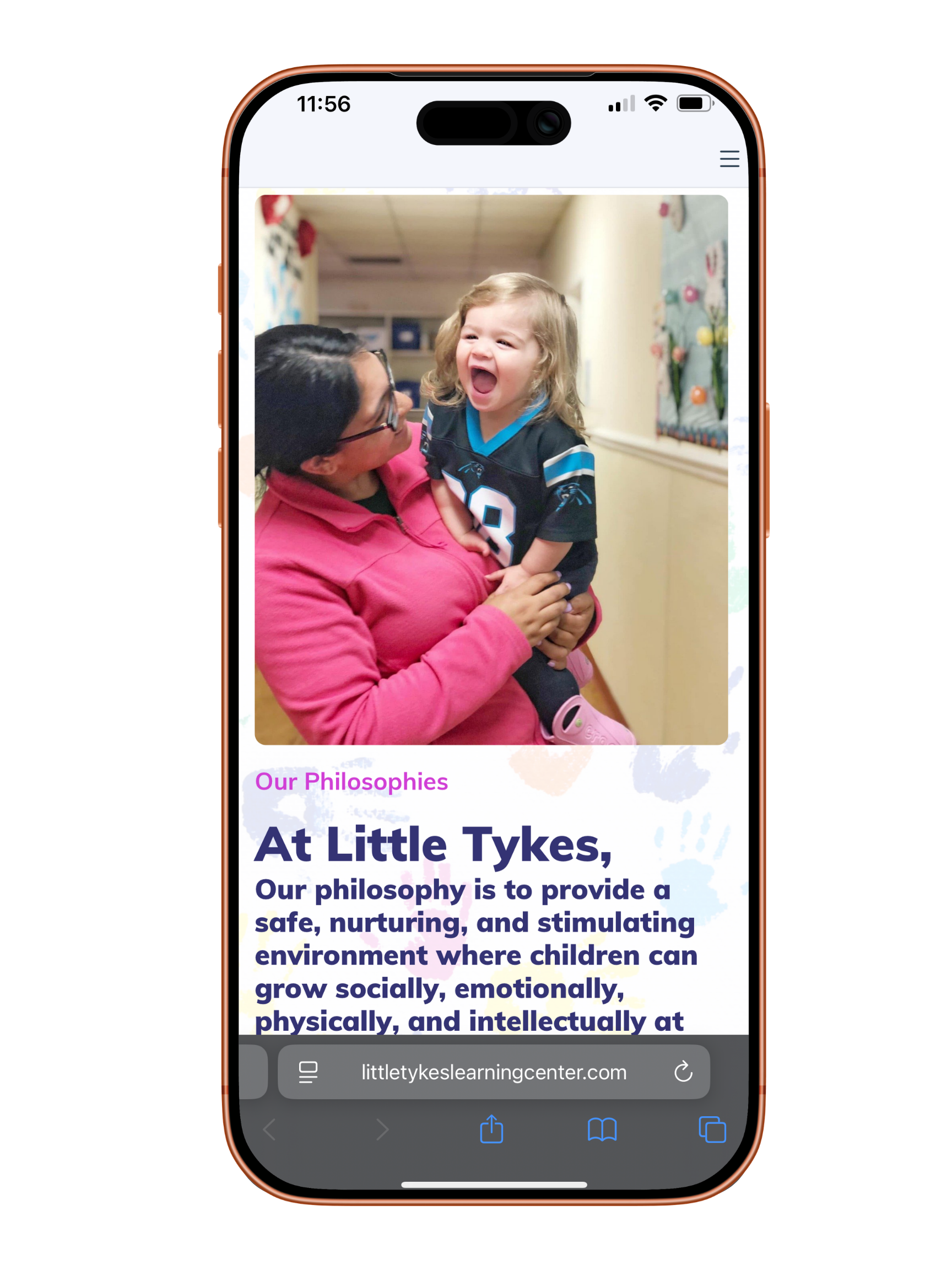 A woman holding a laughing young girl in line at Little Tykes learning center, with text about their philosophy of providing a safe and nurturing environment for children to grow socially, emotionally, physically, and intellectually.