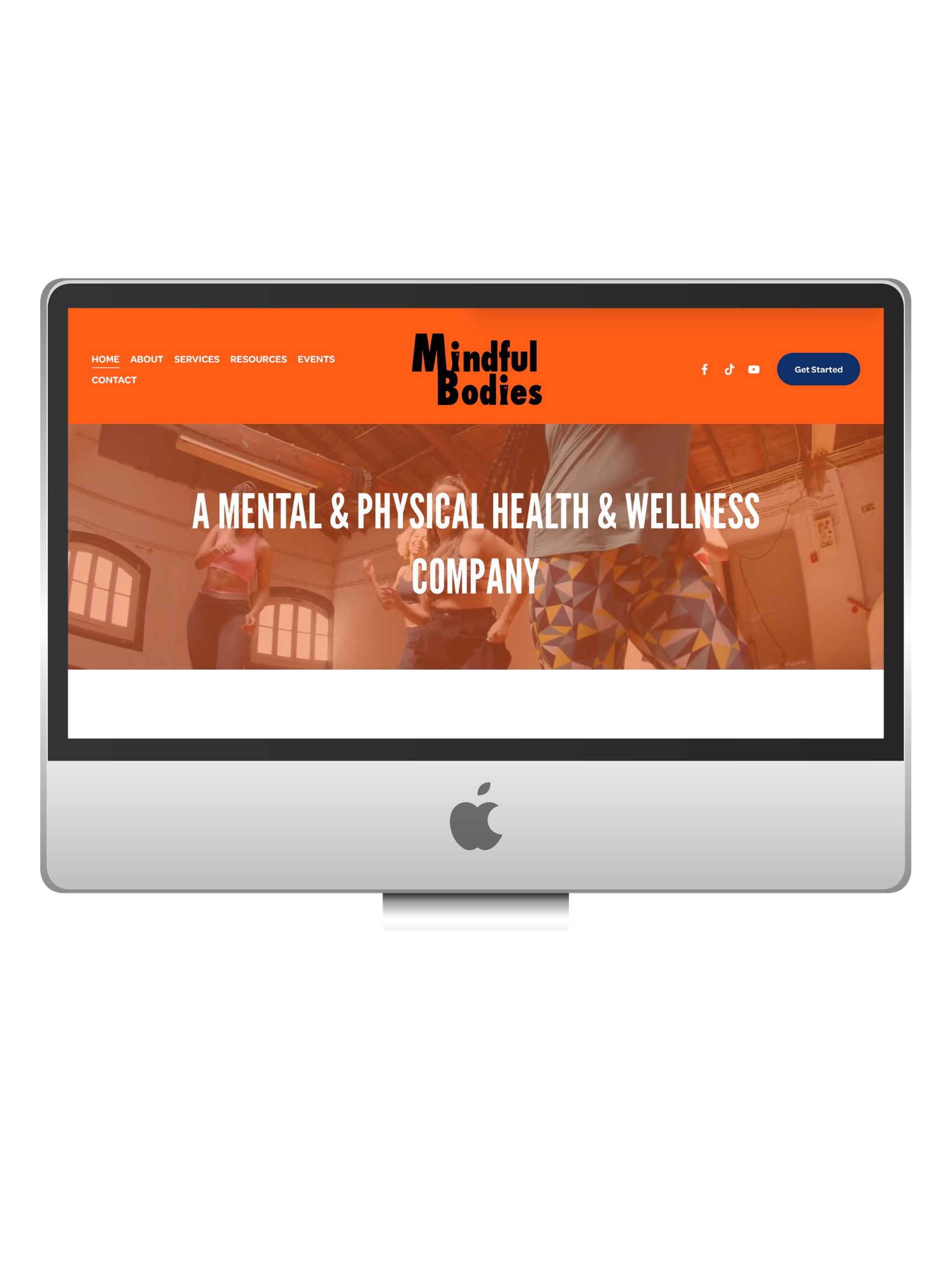 Screenshot of a website homepage titled 'Mindful Bodies' with a subtitle 'A Mental & Physical Health & Wellness Company', featuring an orange header, navigation menu, social media icons, a 'Get Started' button, and an image of people exercising or dancing in a studio.