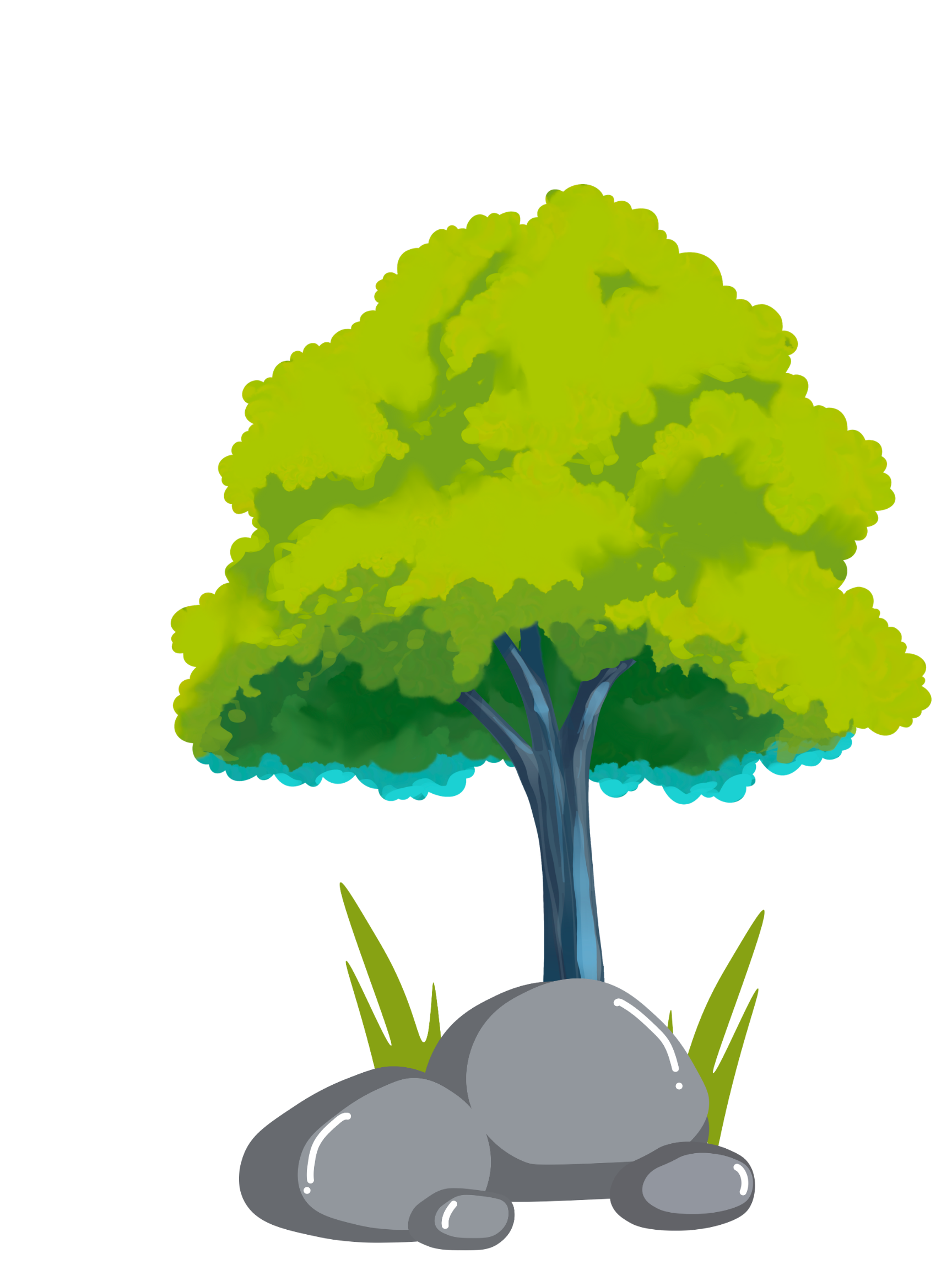A cartoon illustration of a tree with green leaves growing out of a cluster of gray rocks.