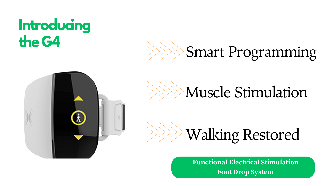 G4 foot drop rehabilitation device with features; smart programming, muscle stimulation, walking restored.