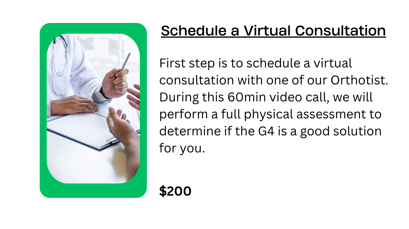 A flyer for scheduling a virtual consultation with an orthotist. Includes an image of a person in a white coat holding a pen, hands on a desk. Text details a 60-minute video call for a physical assessment, priced at $200.