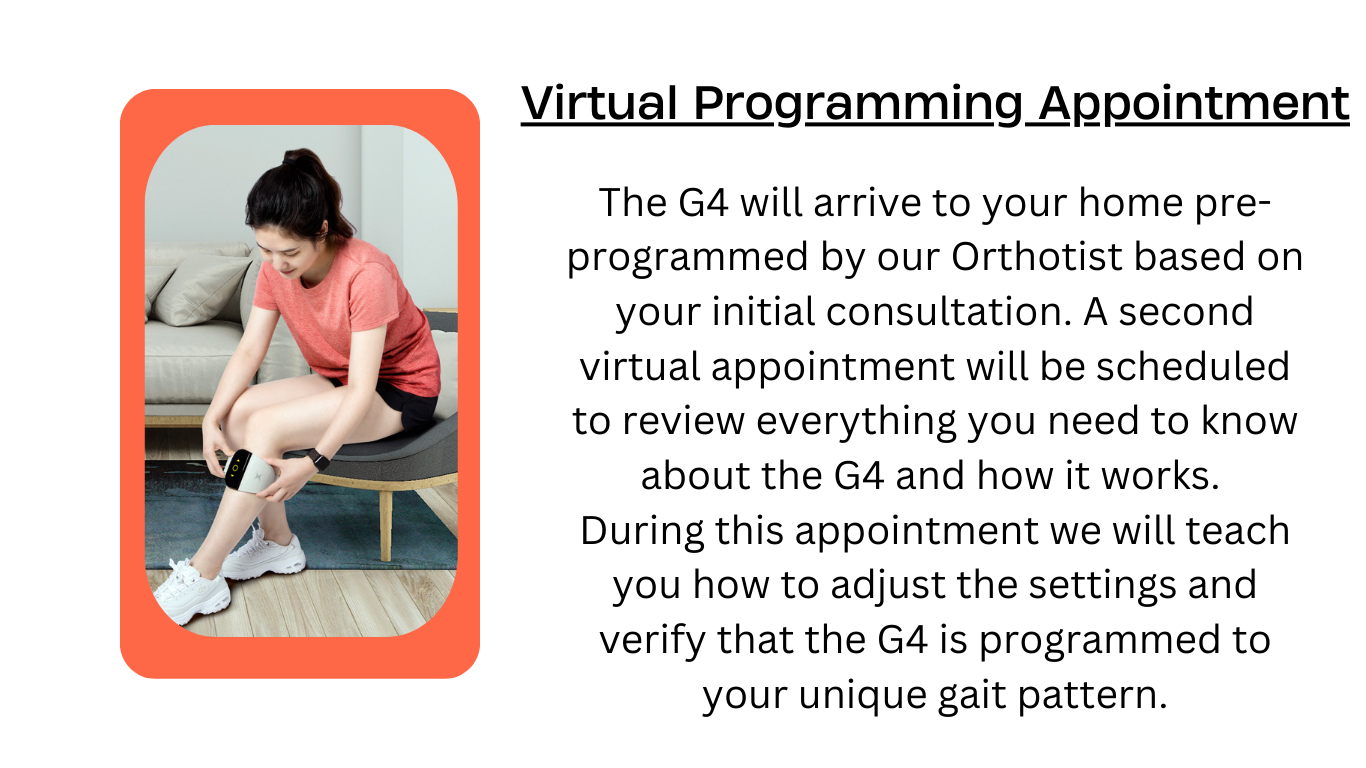 A woman in a red shirt sitting on a bench, adjusting a device on her leg, with text about a virtual programming appointment for a G4 device.