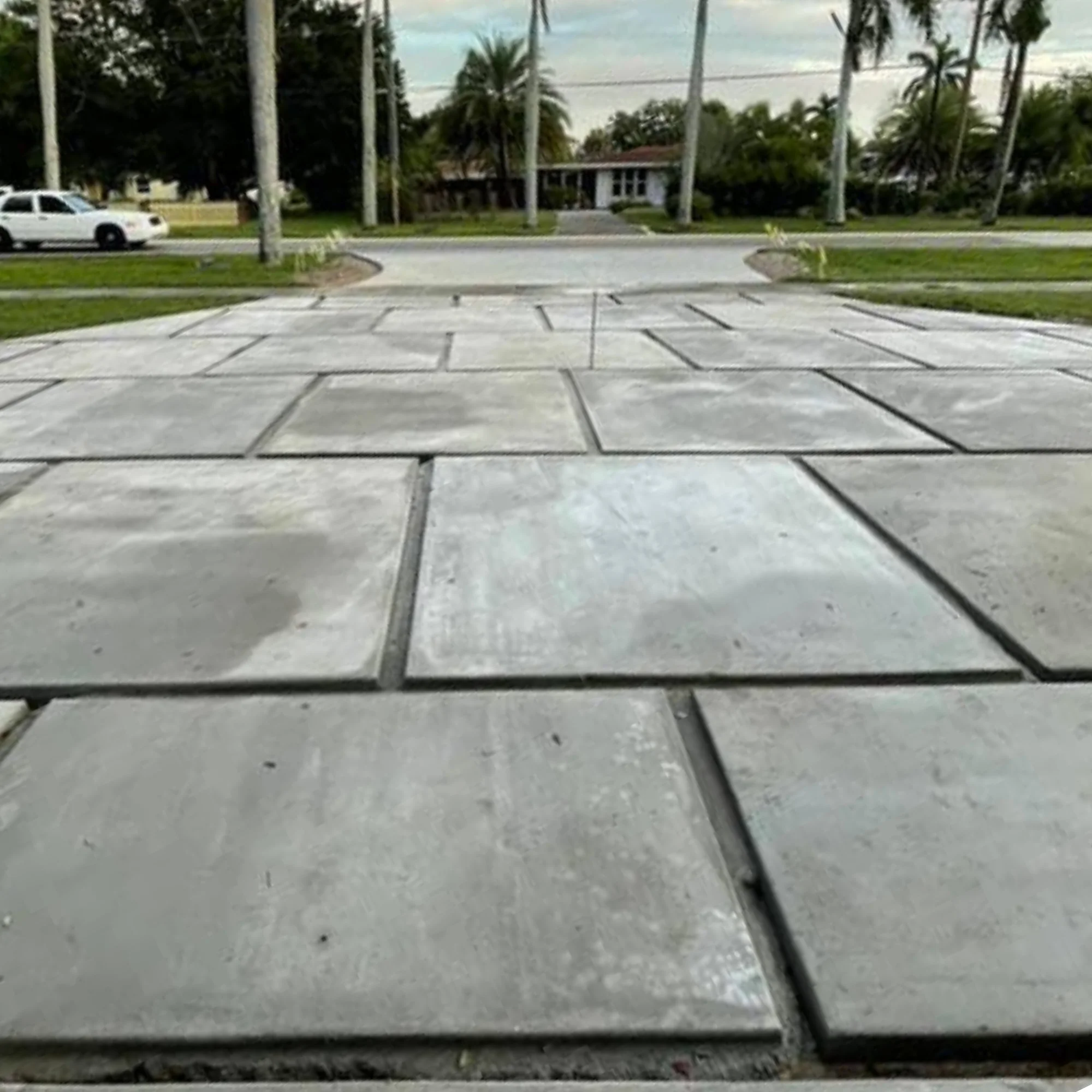 View of a stone pathway leading toward a house with palm trees, a parked white car, and utility poles in the background.