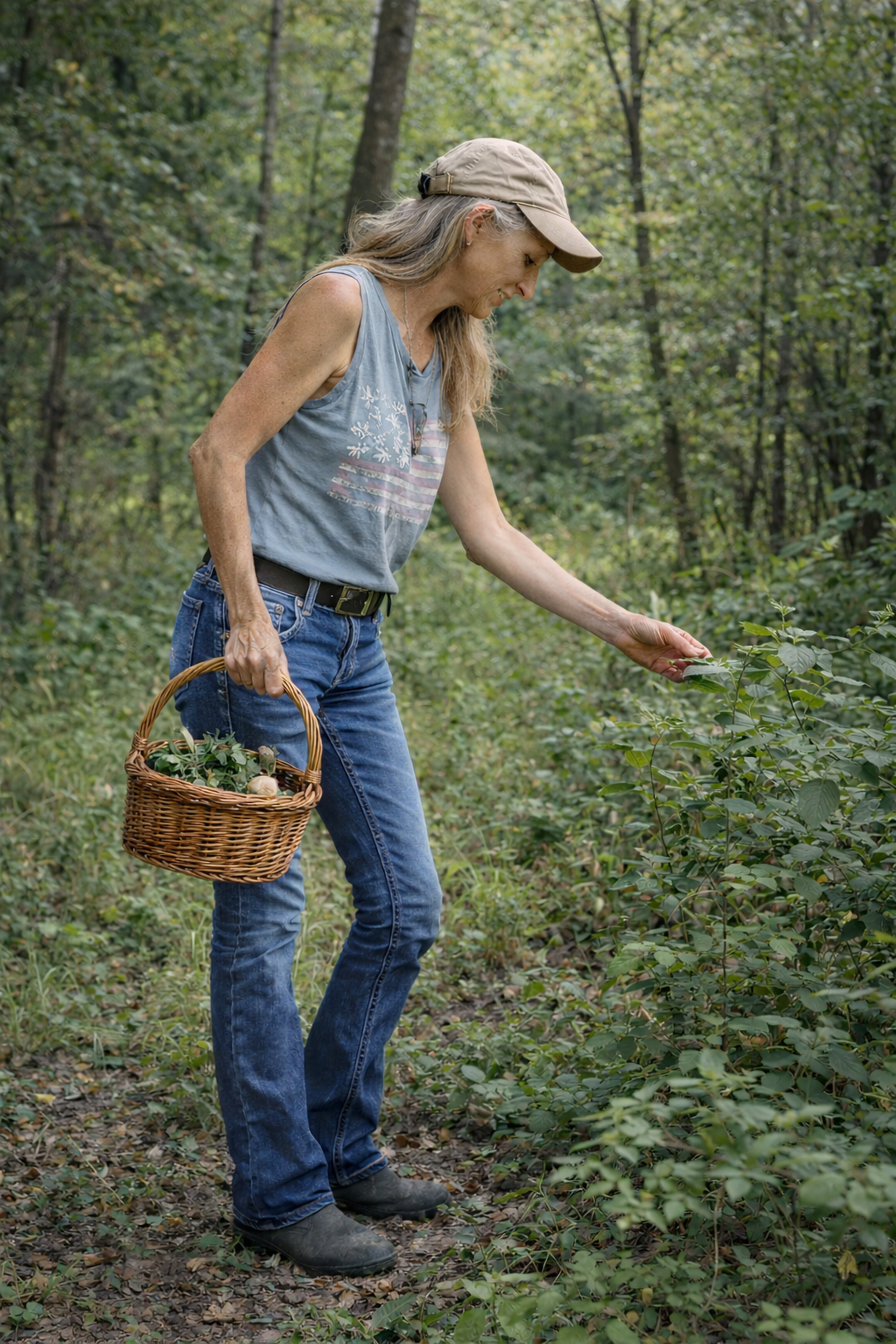A woman with gray hair wearing a tan cap, blue sleeveless shirt, and blue jeans picking berries in a wooded area while holding a wicker basket filled with berries.