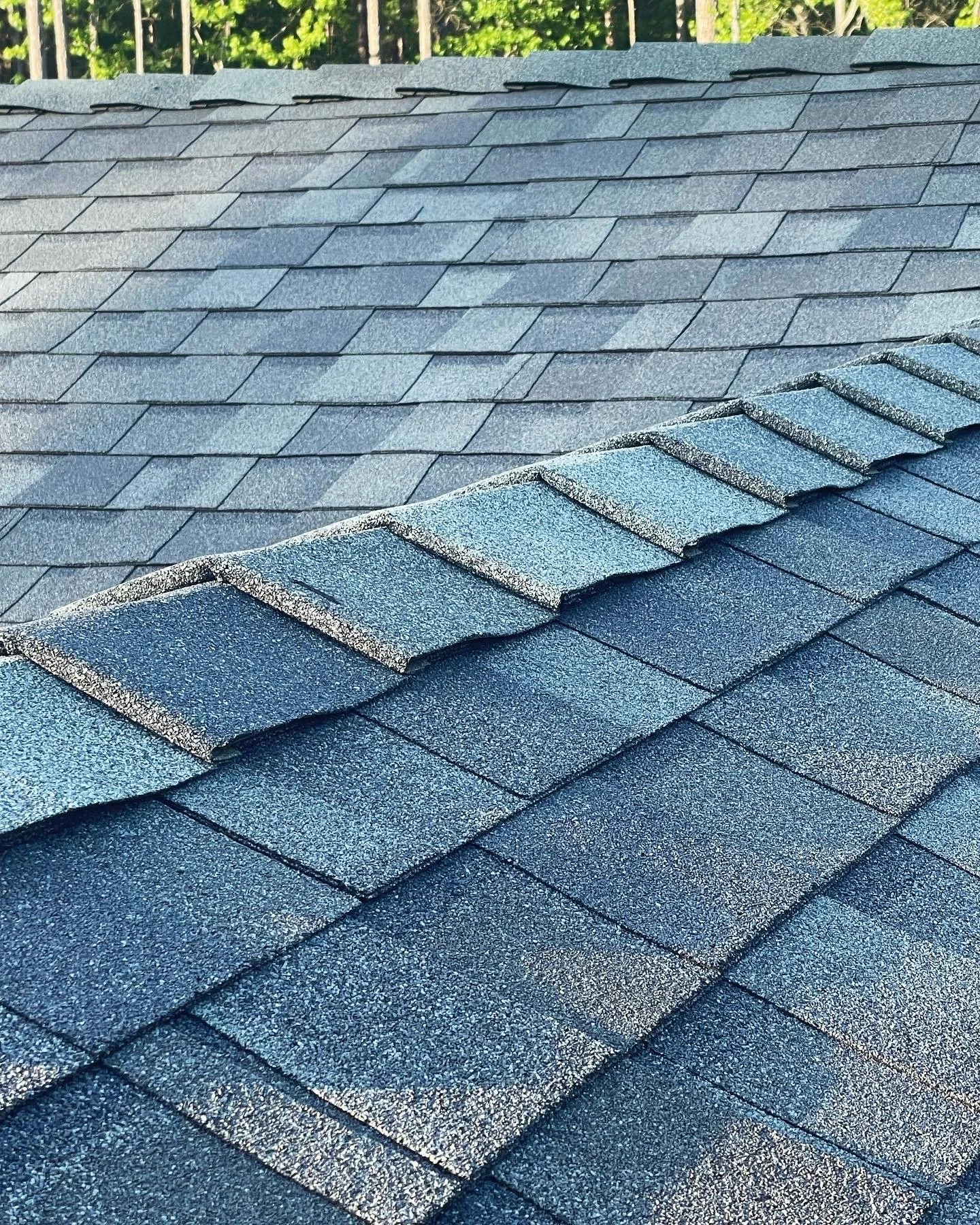 Close-up of a roof with overlapping asphalt shingles, showing a ridge with a row of special ridge cap shingles, with trees in the background.