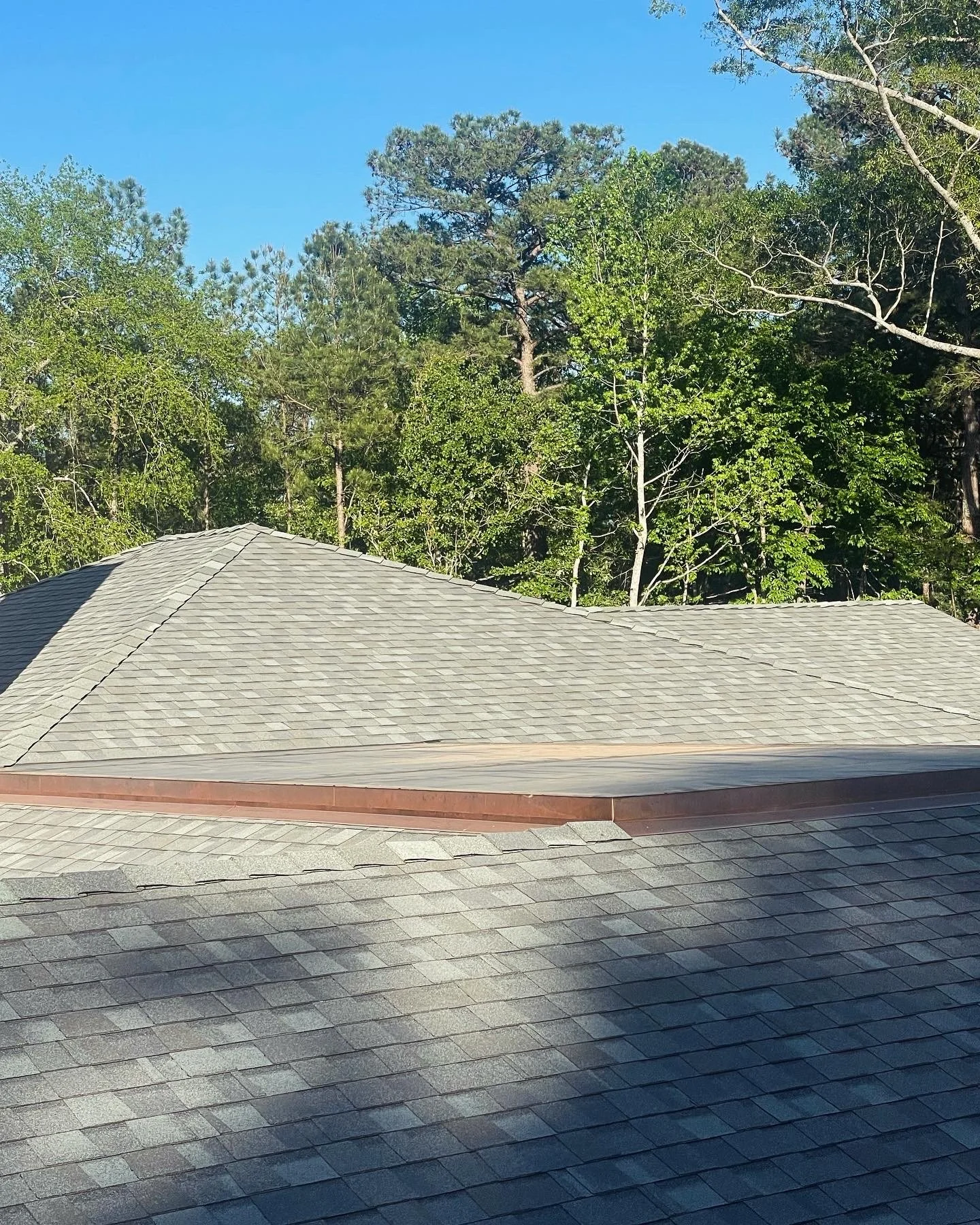 A view of a house roof with gray shingles, surrounded by tall trees with green leaves and a clear blue sky.