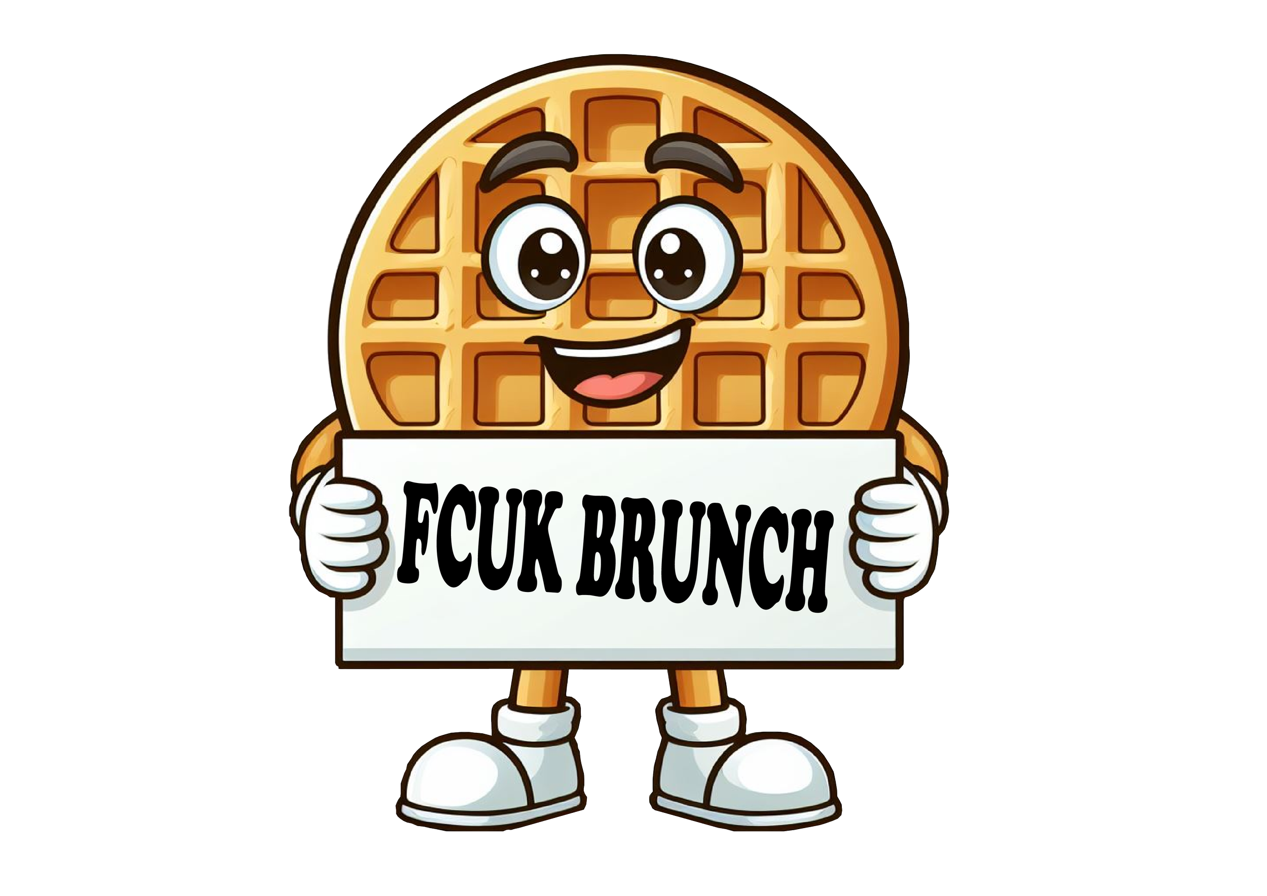 A cartoon waffle character with big eyes, a big smile, and white shoes holding a sign that says 'FCUK BRUNCH'.