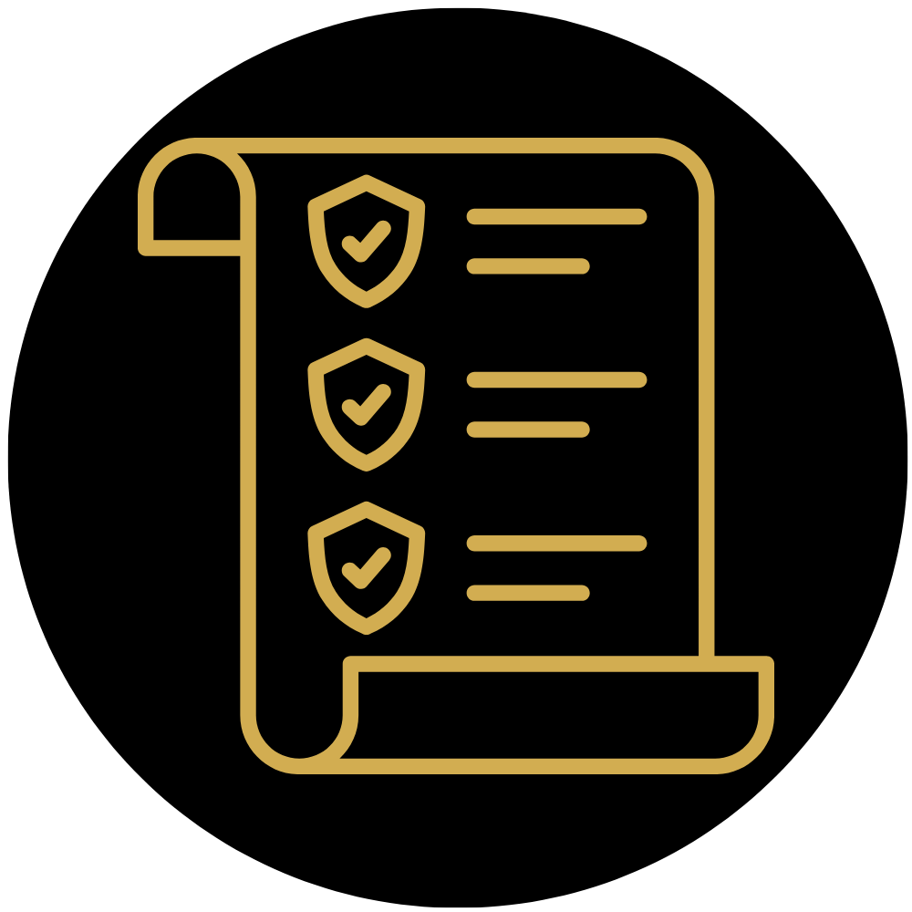 Icône dorée d'un certificat ou document avec des boucliers et des cases cochées, sur fond noir.