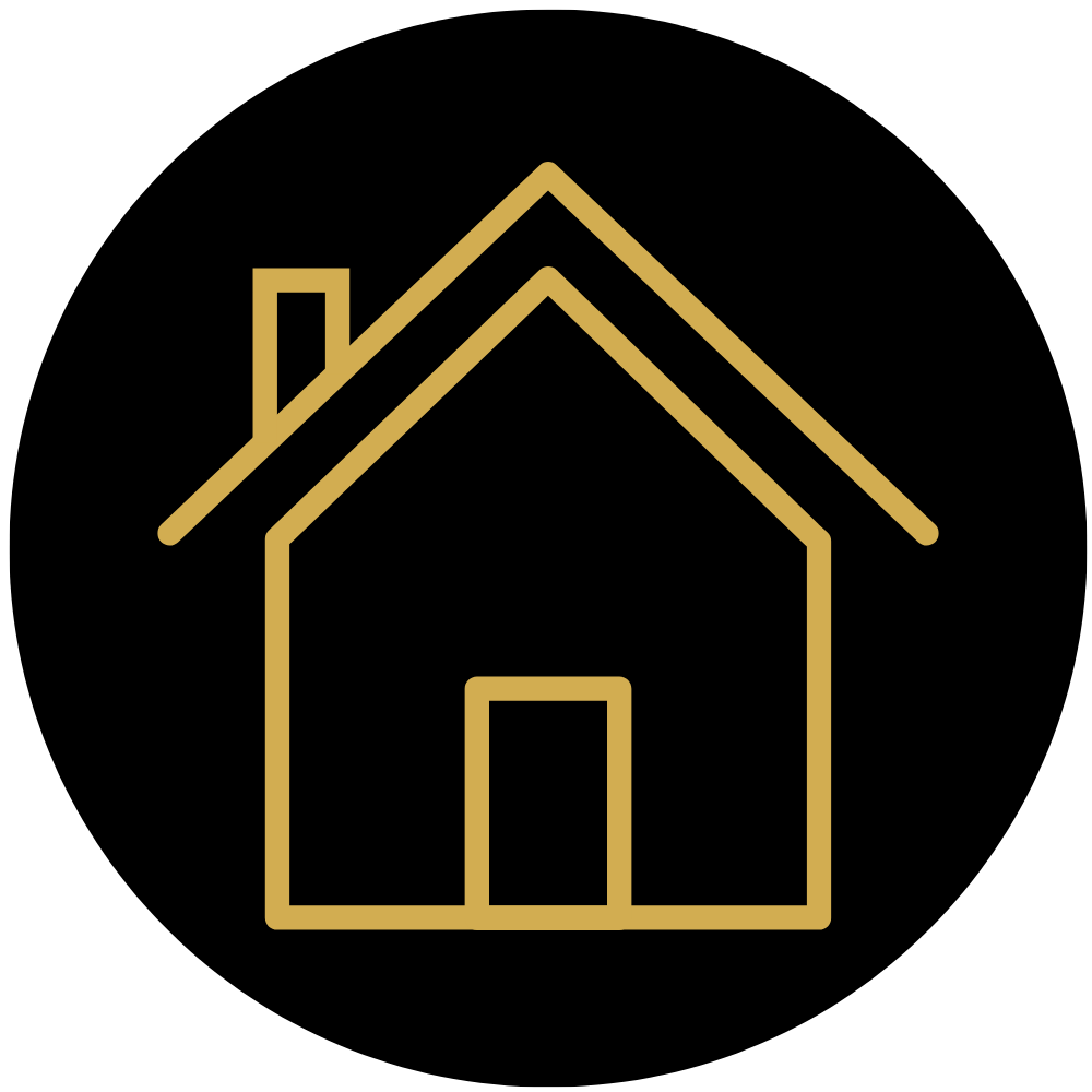 Icône d'une maison dessinée en lignes dorées sur fond noir.