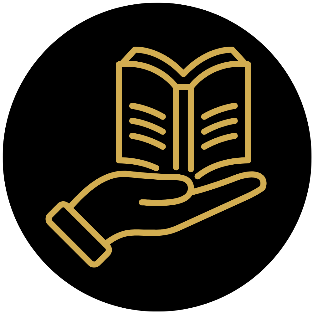 Icône d'une main tenant un livre ouvert en design minimaliste doré sur fond noir.