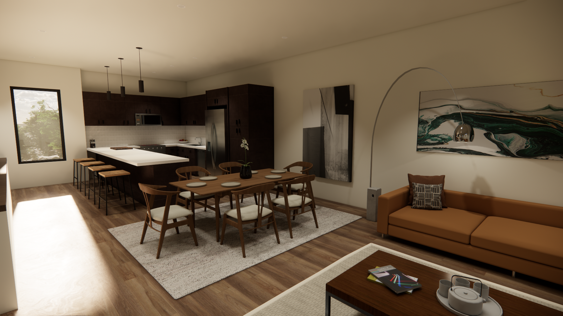 Open-concept living and dining area with dark wood kitchen cabinets, a dining table with six chairs, and a brown sofa. Modern artwork adorns the walls, and there is a large window letting in natural light.
