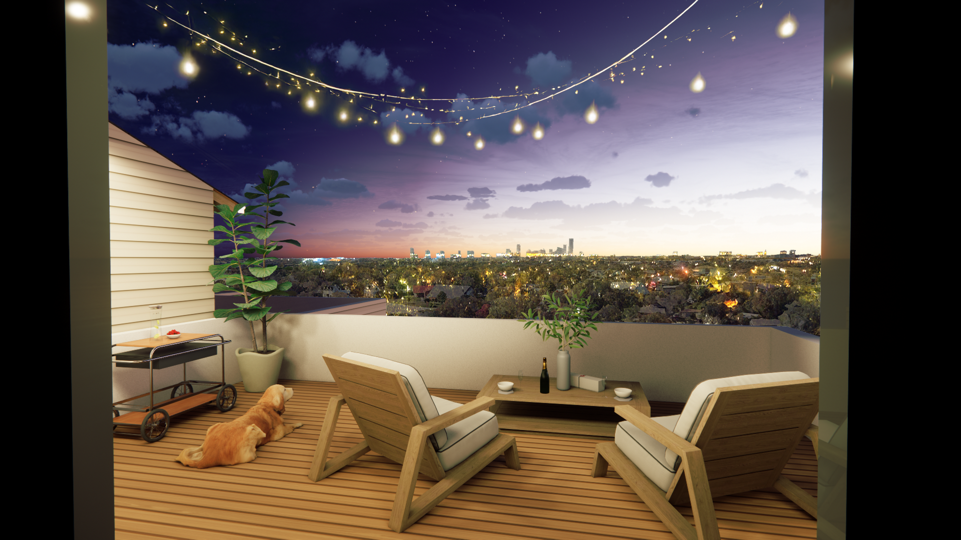 Private patio at night in gated townhome community, East Austin